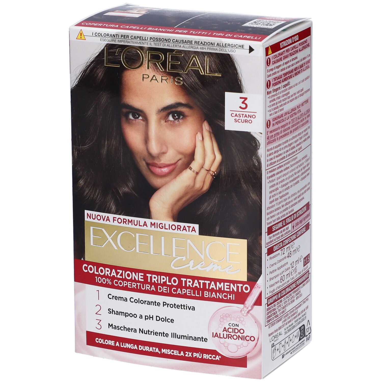 L'Oréal Excellence Crème Haarfärbemittel, Dunkelbraun 3. Karton mit Modell und Produktinformationen.