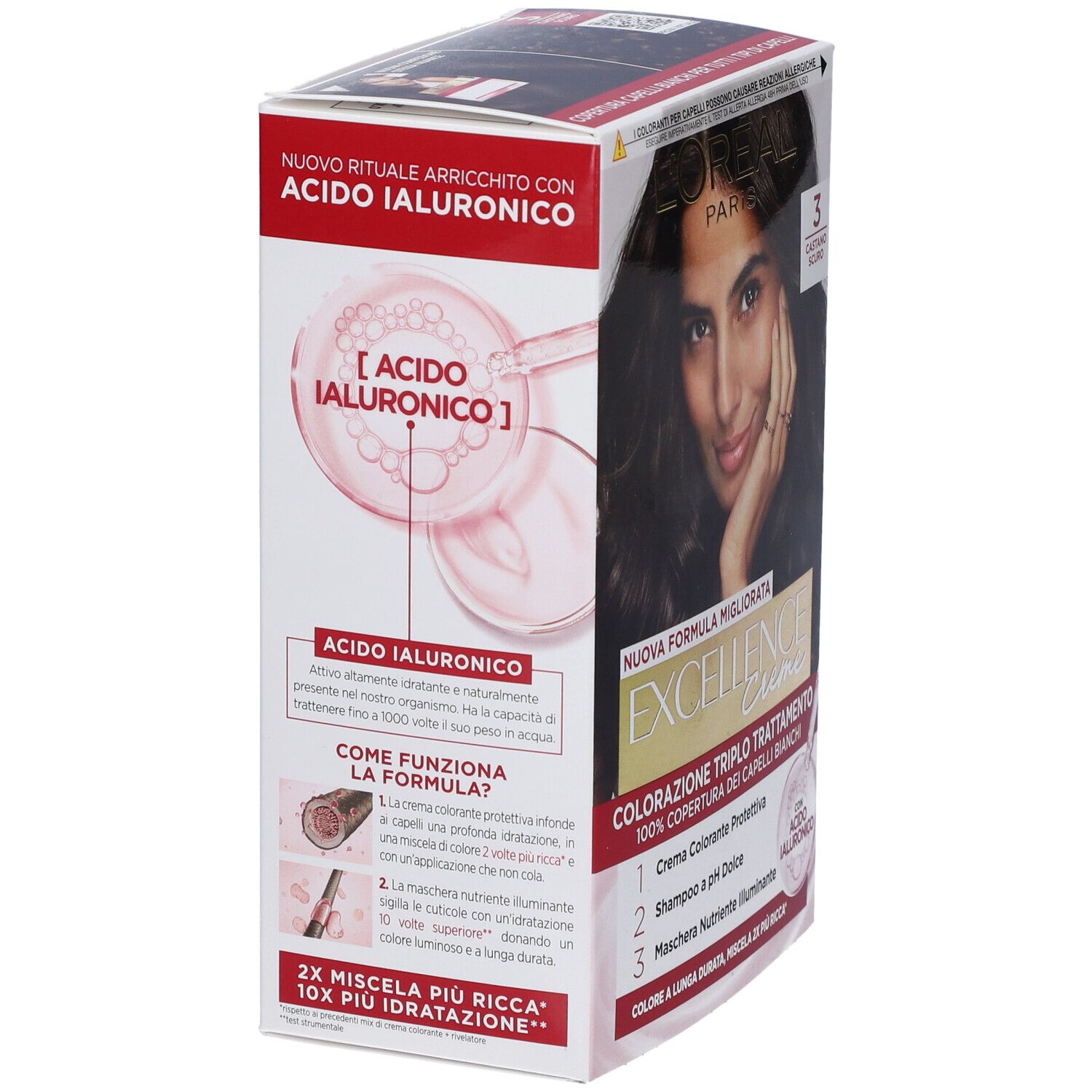 L'Oréal Excellence Crème Haarfärbemittel, Dunkelbraun 3. Seitenansicht der Verpackung mit Hyaluronsäure-Details.