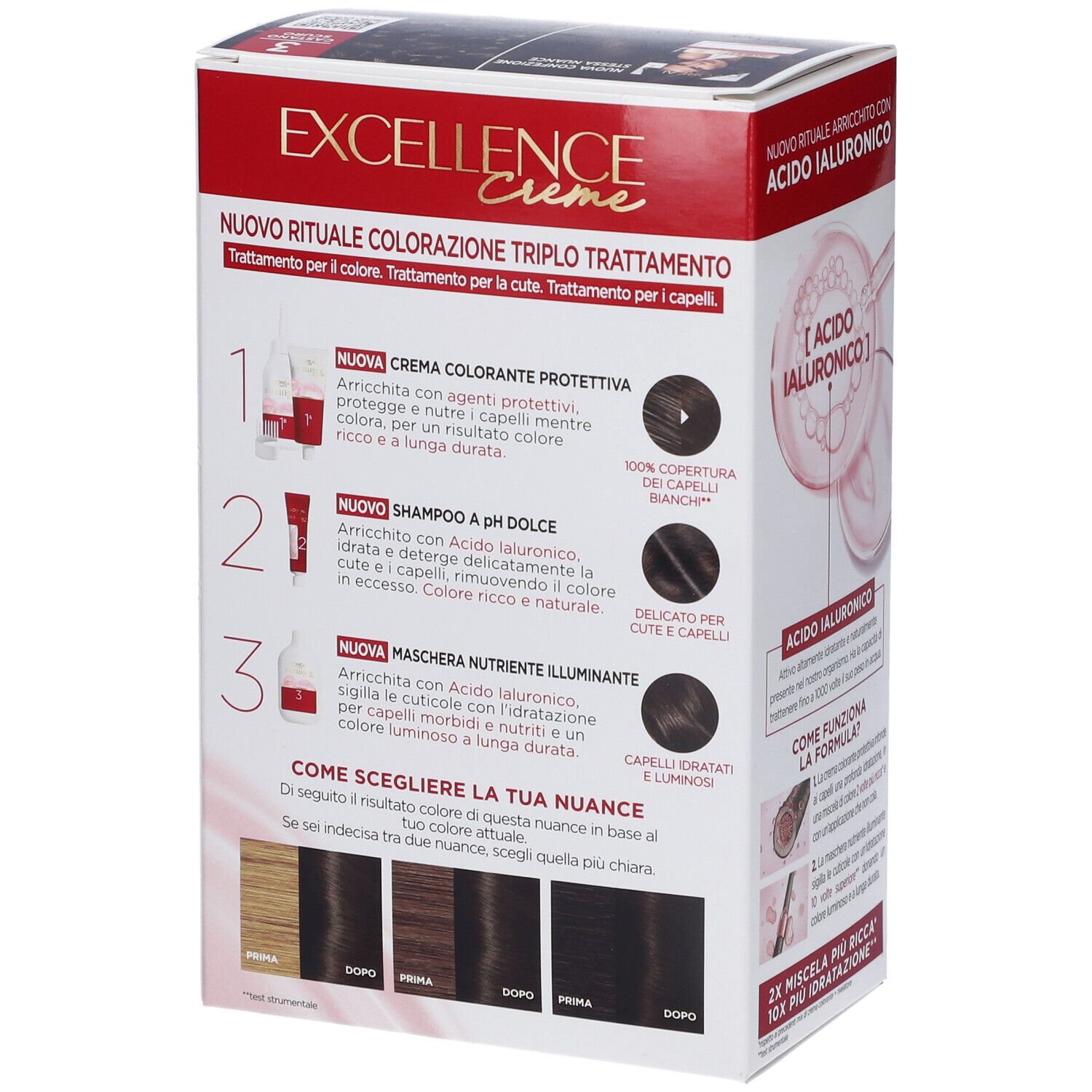 L'Oréal Excellence Crème Haarfärbemittel, Dunkelbraun 3. Rückseite der Verpackung mit Anwendungsschritten und Farbnuancen.