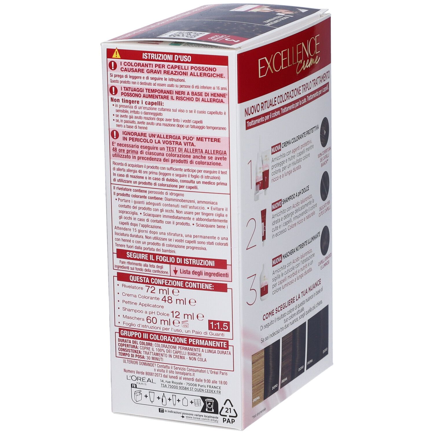 L'Oréal Excellence Crème Haarfärbemittel, Dunkelbraun 3. Seitenansicht der Verpackung mit Anwendungshinweisen und Inhaltsstoffen.