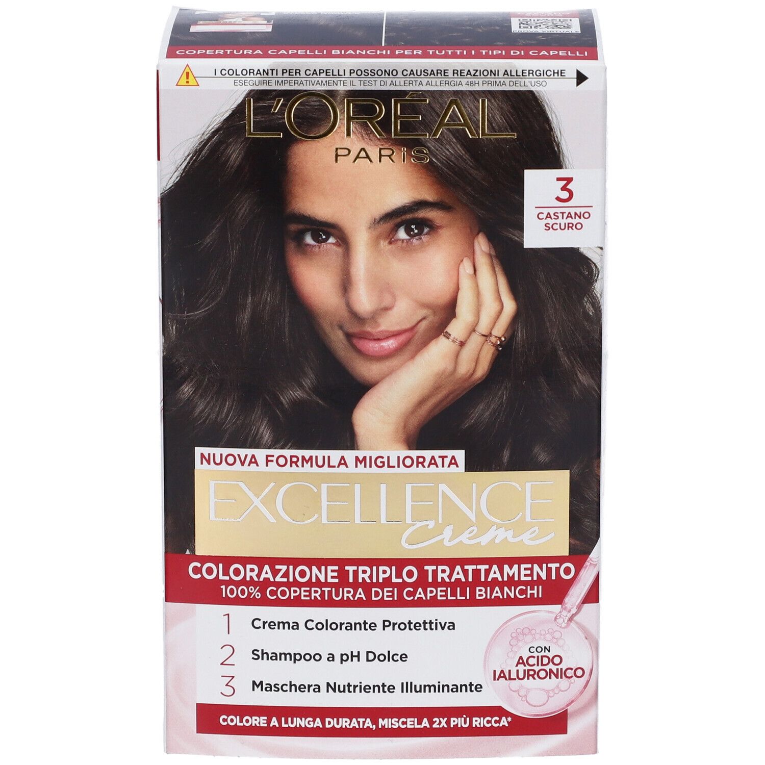 L'Oréal Excellence Crème Haarfärbemittel, Dunkelbraun 3. Vorderseite der Verpackung mit Modell und Farbnummer 3.