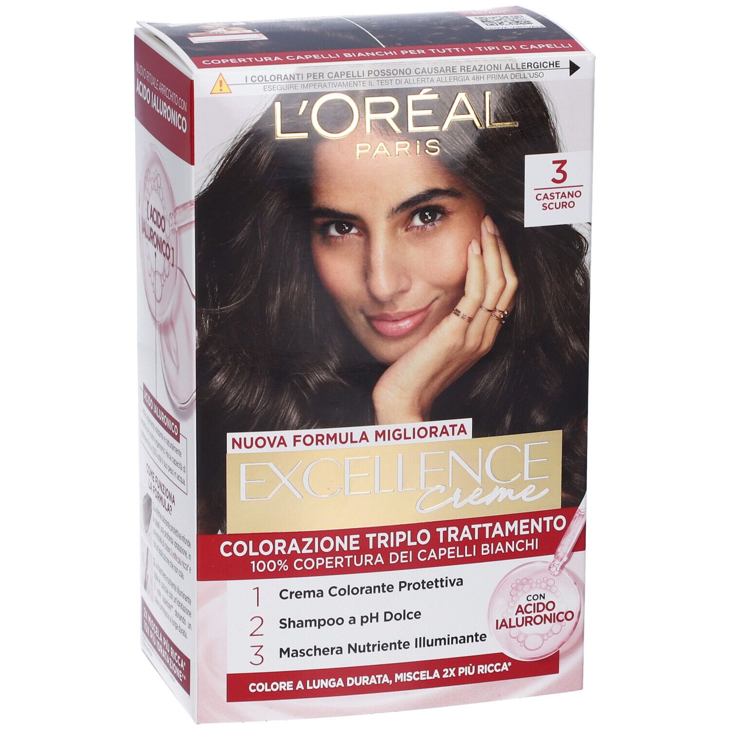 L'Oréal Excellence Crème Haarfärbemittel, Dunkelbraun 3. Vorderseite der Verpackung mit Modell und Farbnummer 3.