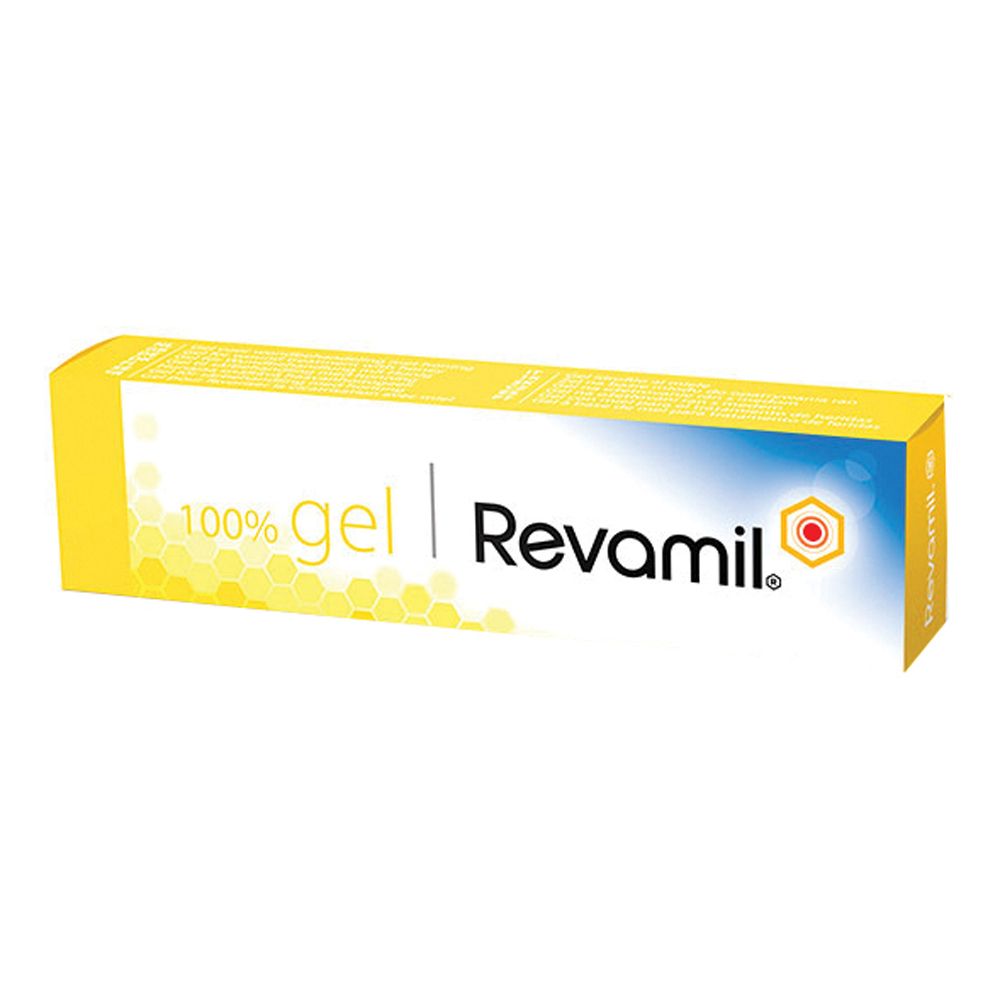 Gel-Verpackung, gelb-weiß, mit Produktnamen und Logo. Aufschrift: 100% gel Revamil.