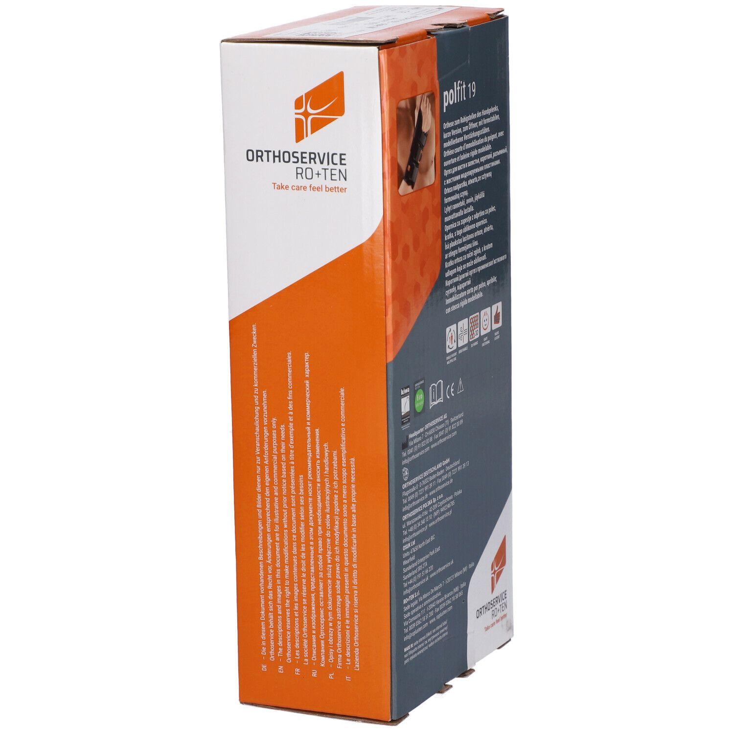 Produktverpackung. Seitenansicht der orange-weißen Schachtel mit Text. Marke: Orthoservice RO+TEN, Produktname: polfit 19. Enthält Produktinformationen.