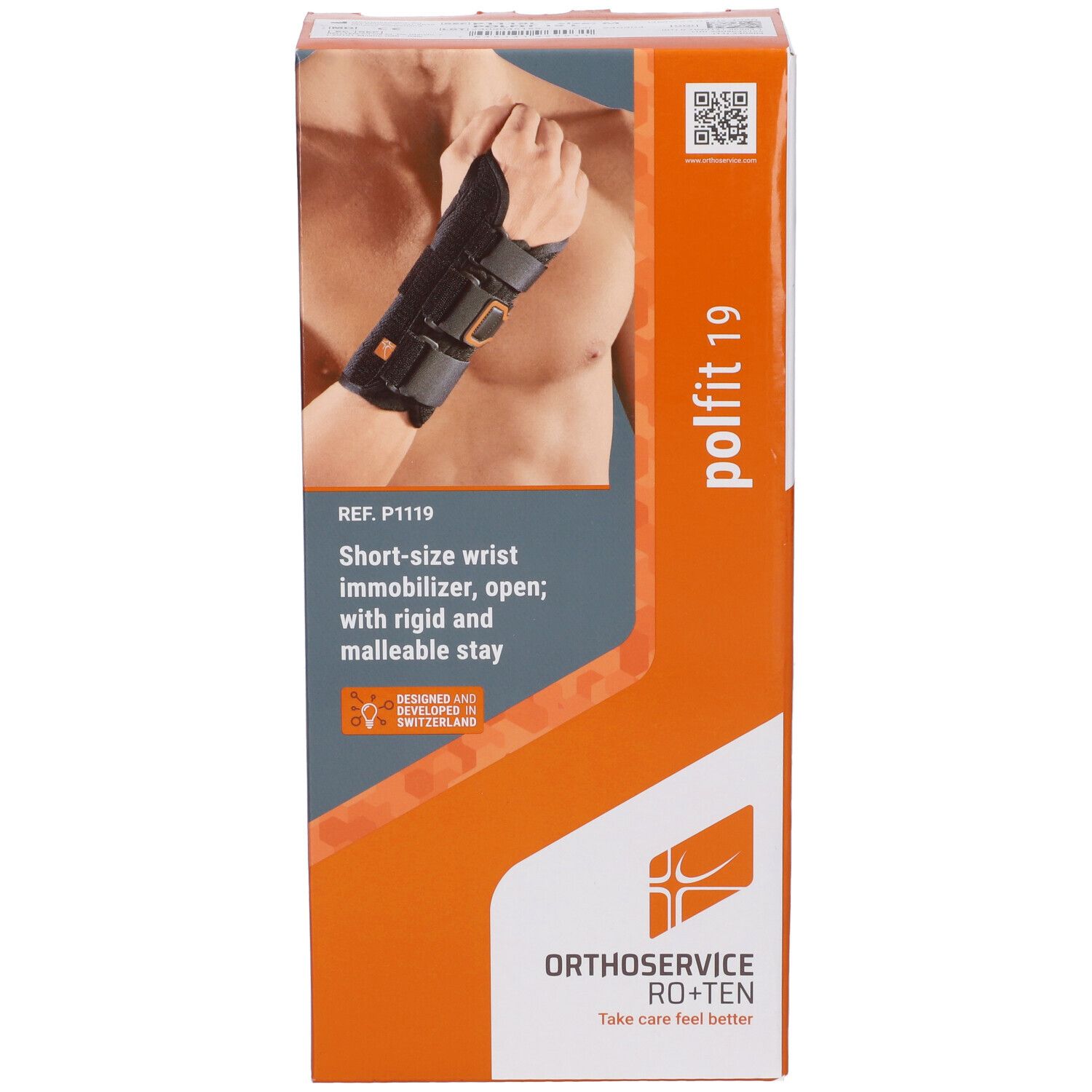 Produktverpackung. Orange-weiße Schachtel mit Produktabbildung und Text. Zeigt eine Handgelenkstütze am Arm. Marke: Orthoservice RO+TEN, Produktname: polfit 19.