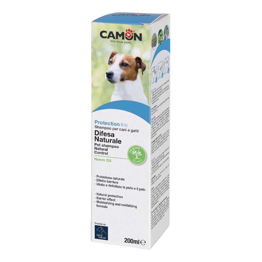 Karton mit Camon Protection Shampoo. Aufdruck: Hund, Produktname, Neemöl, 200ml.