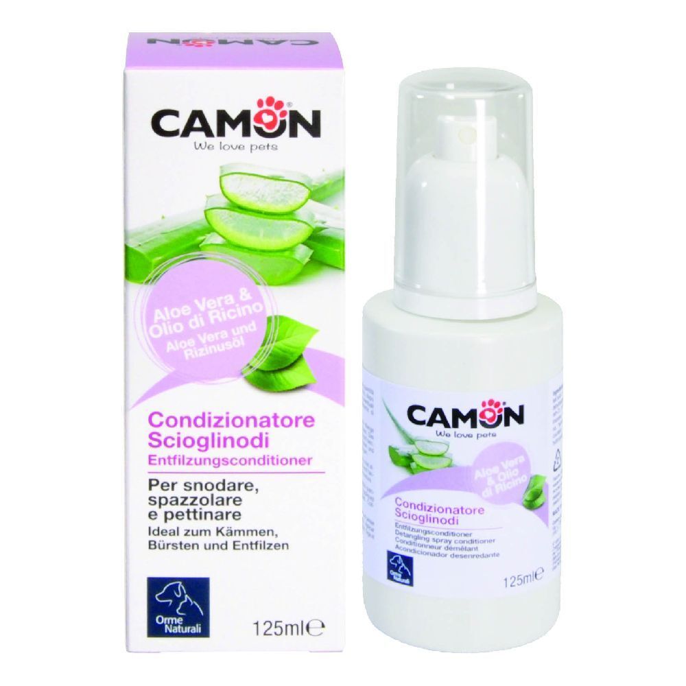 Weiße Flasche mit Sprühkopf und Karton. Aufschrift: CAMON, Aloe Vera & Rizinusöl. 125ml. Für Hunde und Katzen.