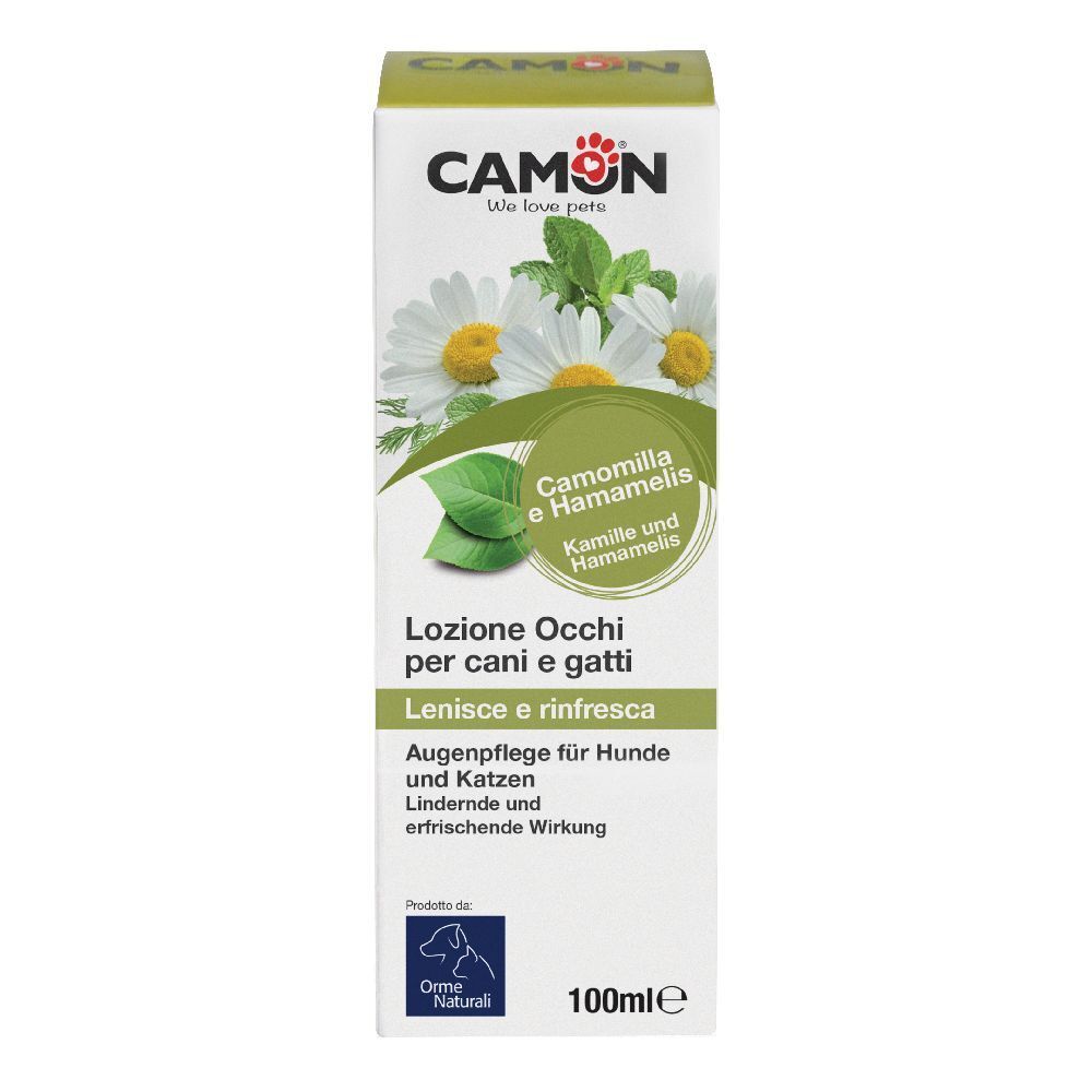Karton mit Produktaufdruck. Aufschrift: CAMON, Kamille & Hamamelis. Augenpflege für Hunde und Katzen.