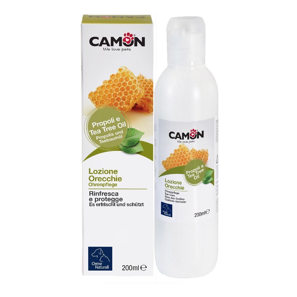 Weiße Flasche und Schachtel mit Produktinformationen. Aufschrift: CAMON, Lozione Orecchie. Enthält Propolis und Teebaumöl. 200ml.