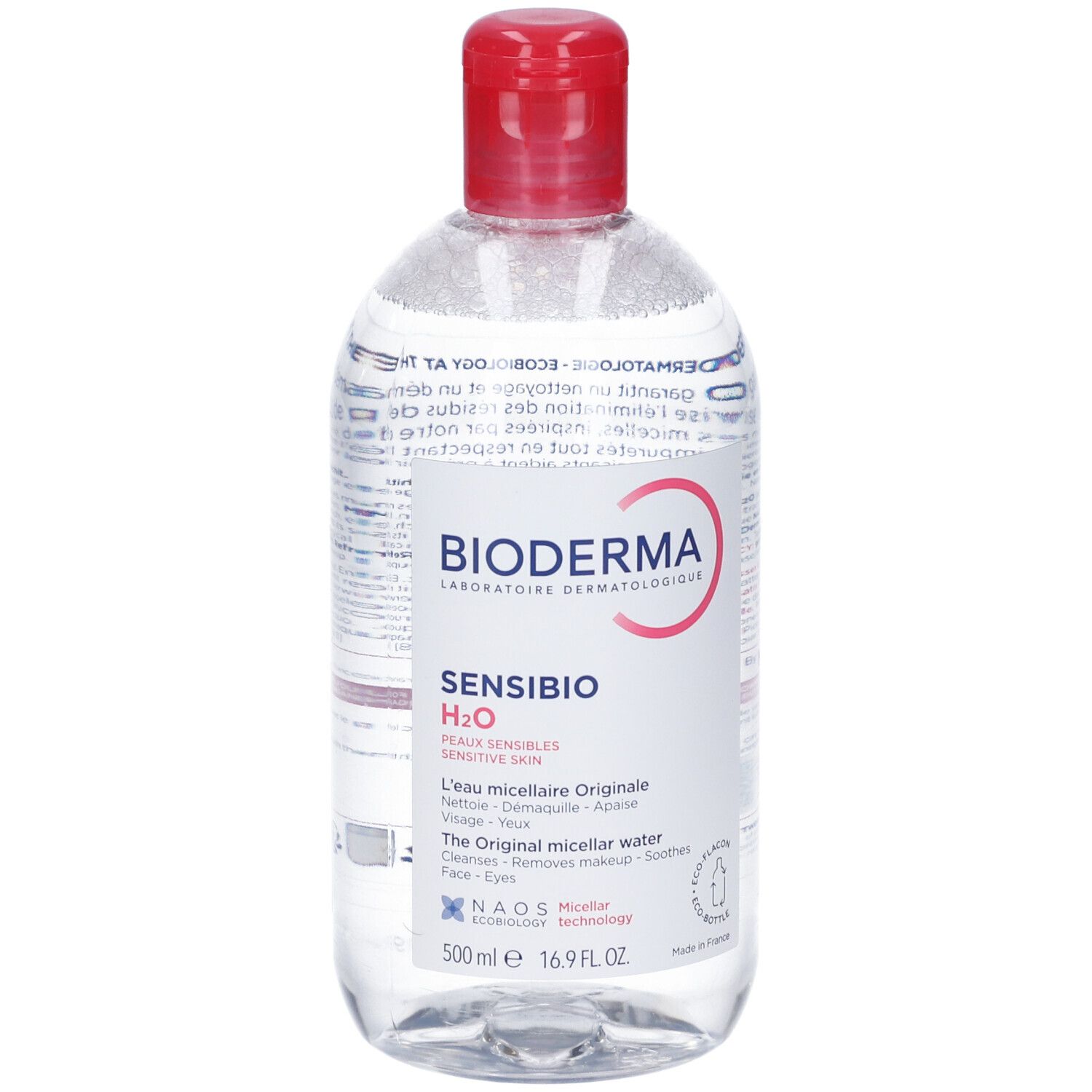 Bioderma Sensibio H2O Mizellenwasser in klarer Flasche mit rotem Deckel, 500 ml.