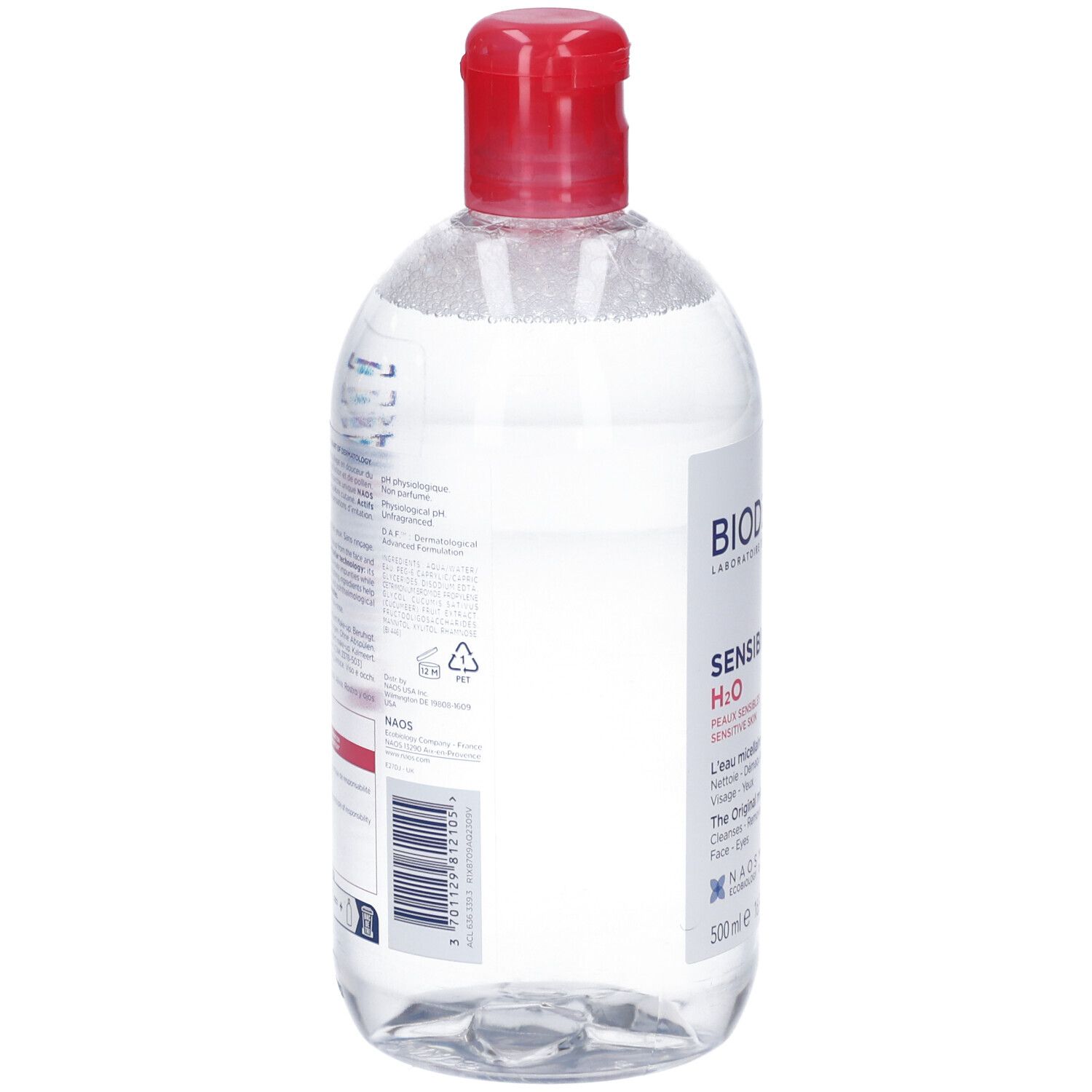 Klare Flüssigkeit in durchsichtiger Flasche mit rotem Klappdeckel. Beschriftung: BIODERMA SENSITIVE H2O.