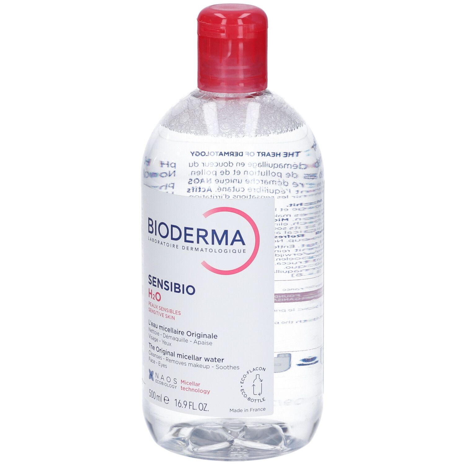 Bioderma Sensibio H2O Mizellenwasser, 500ml Flasche mit rotem Deckel.