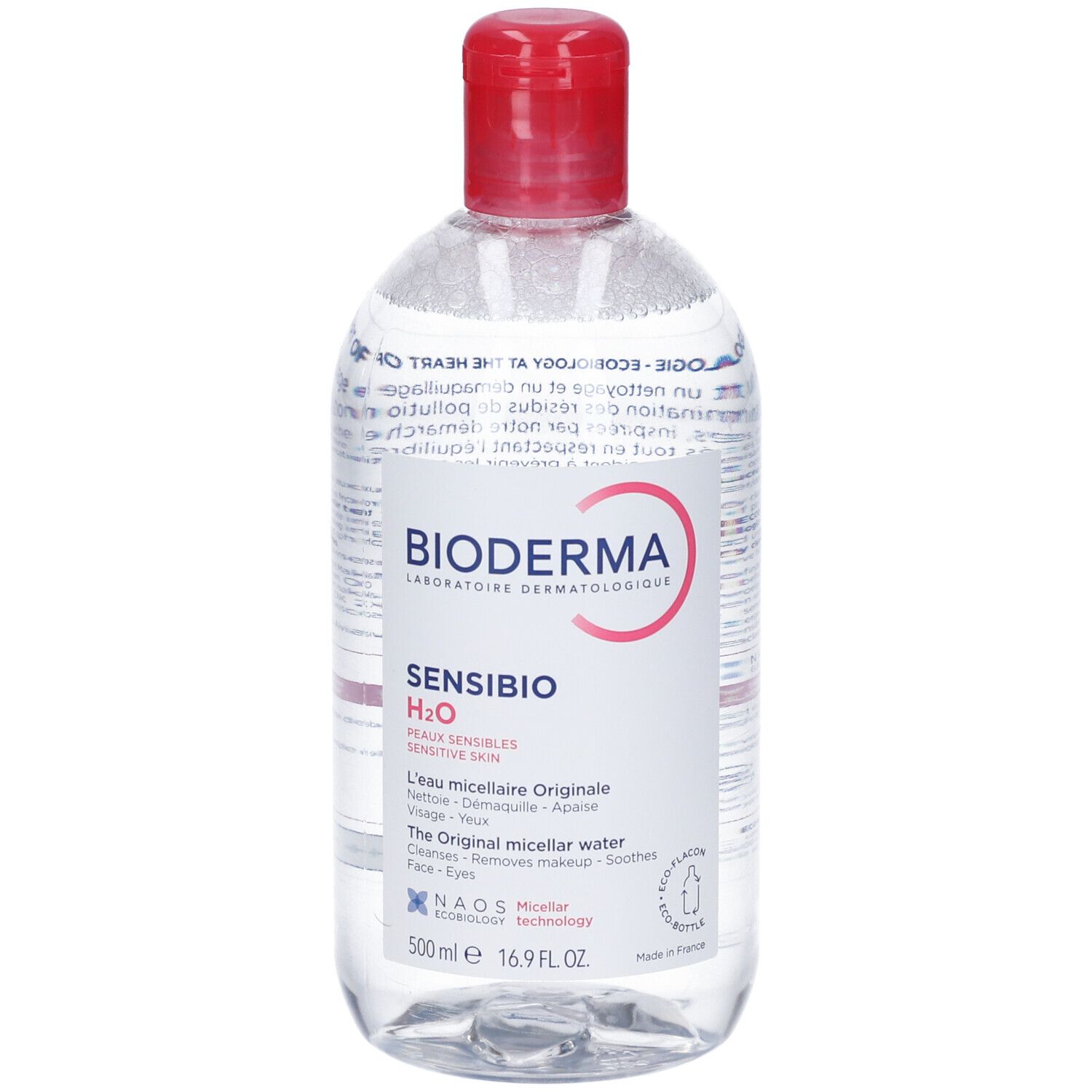 Bioderma Sensibio H2O Mizellenwasser, 500 ml Flasche mit rotem Verschluss.
