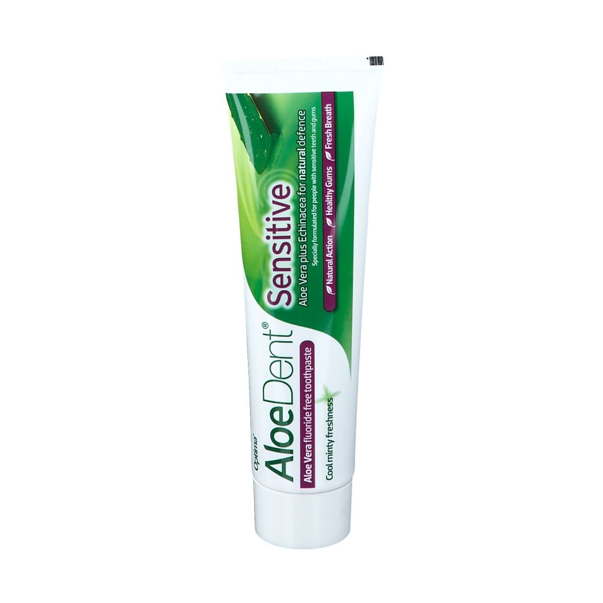 Zahnpasta-Tube Optima AloeDent Sensitive. Weiß, mit grünem und violettem Design. Enthält Aloe Vera und Echinacea.