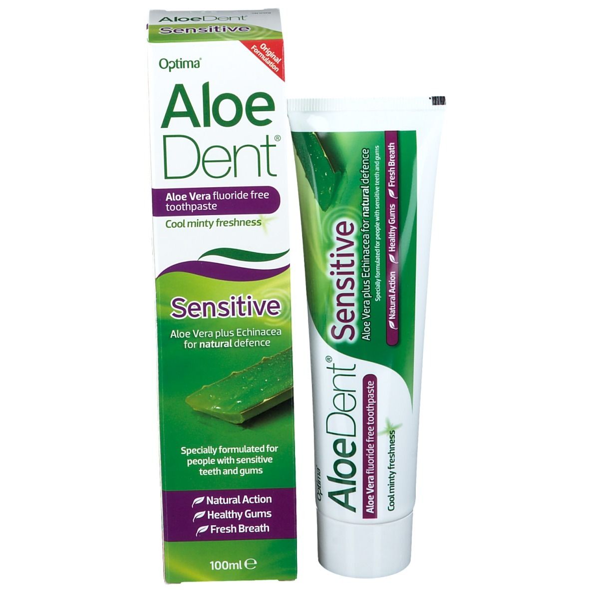 Optima AloeDent Sensitive Zahnpasta und Verpackung. Grün-weißes Design. Enthält Aloe Vera und Echinacea.