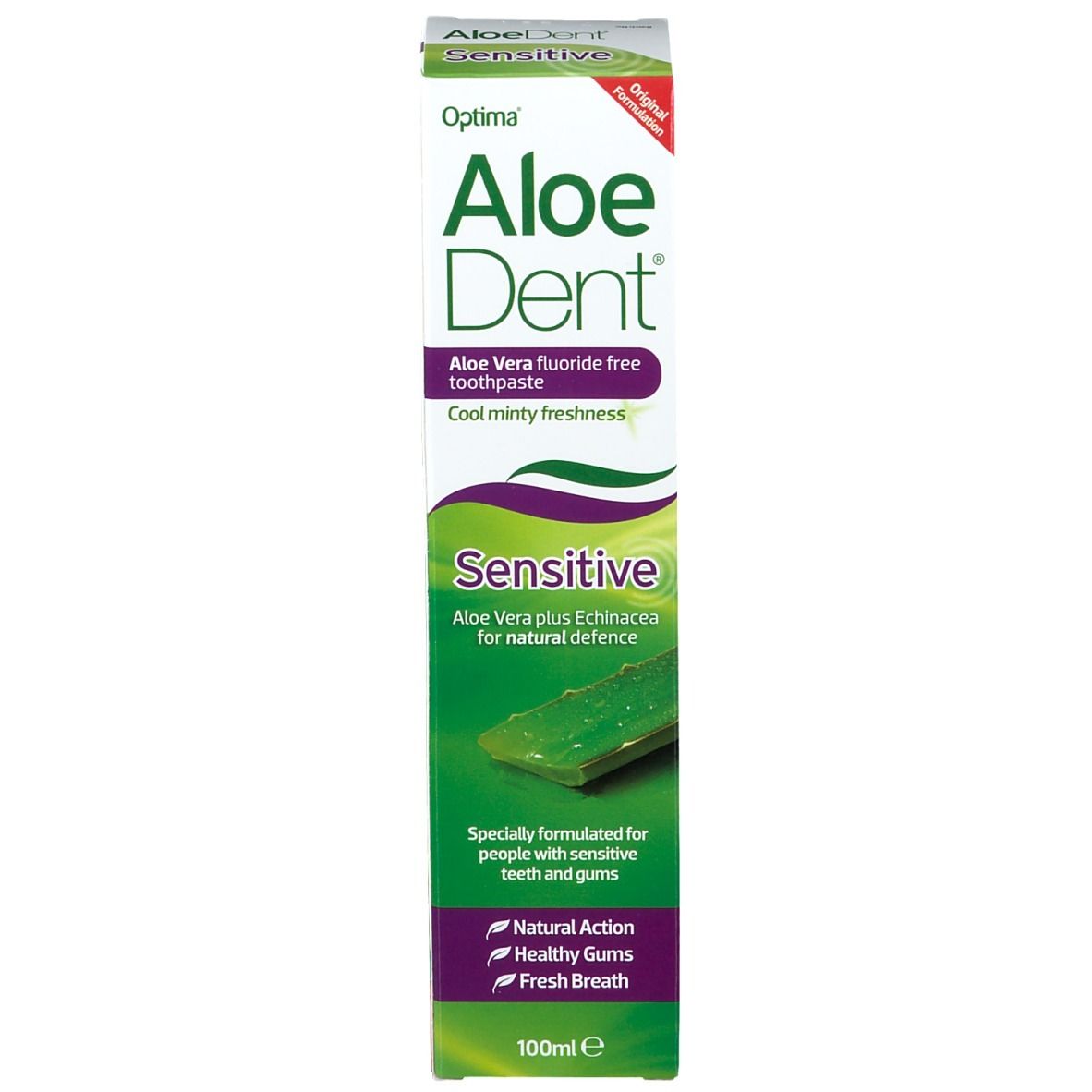 Verpackung der Optima AloeDent Sensitive Zahnpasta. Grün-weißes Design. Enthält Aloe Vera und Echinacea.