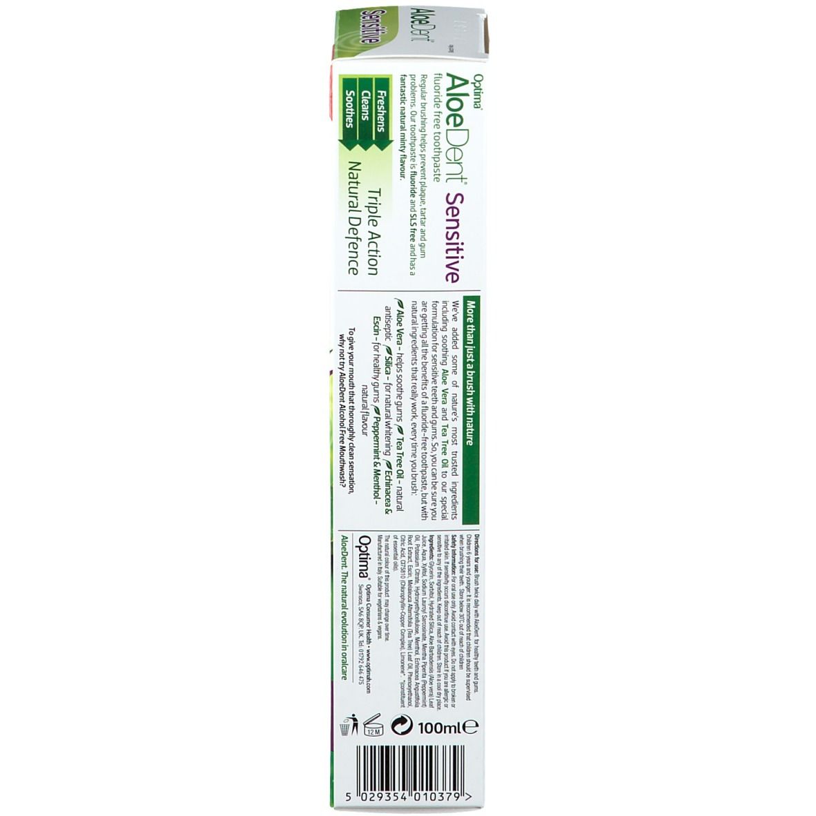 Rückseite der Verpackung der Optima AloeDent Sensitive Zahnpasta. Enthält Text und Inhaltsstoffe.