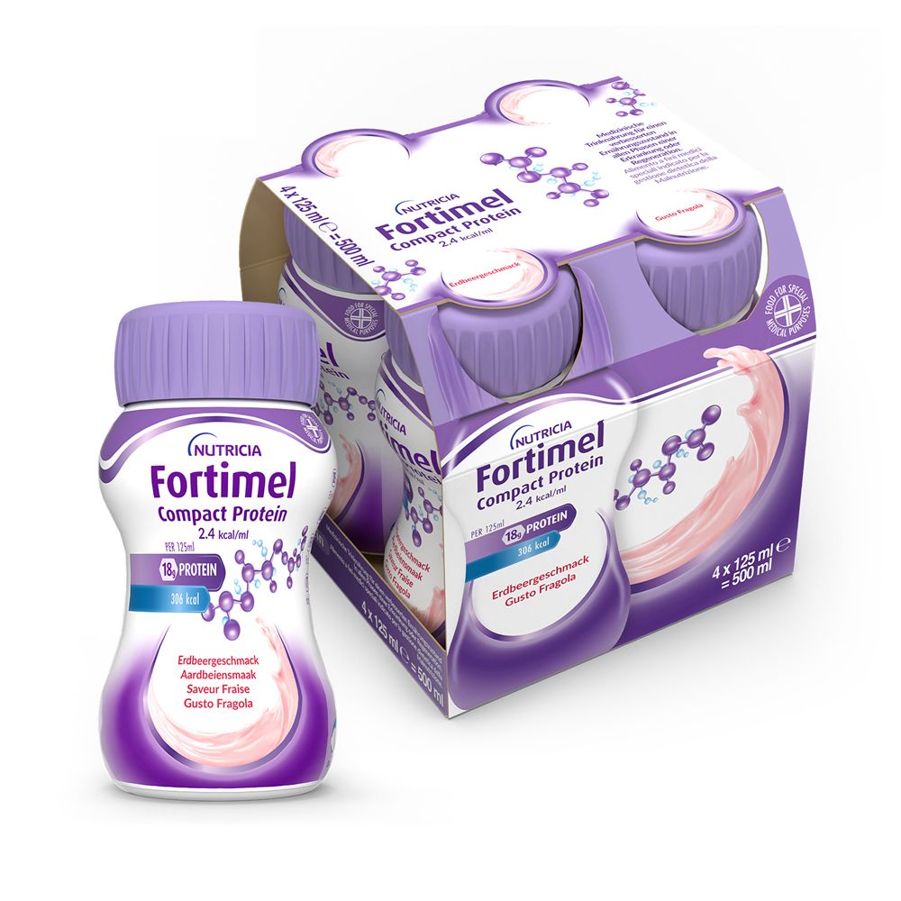 Fortimel Compact Protein Flasche und Packung. Erdbeergeschmack. Lila Flaschen mit lila Deckel. 4er Packung.