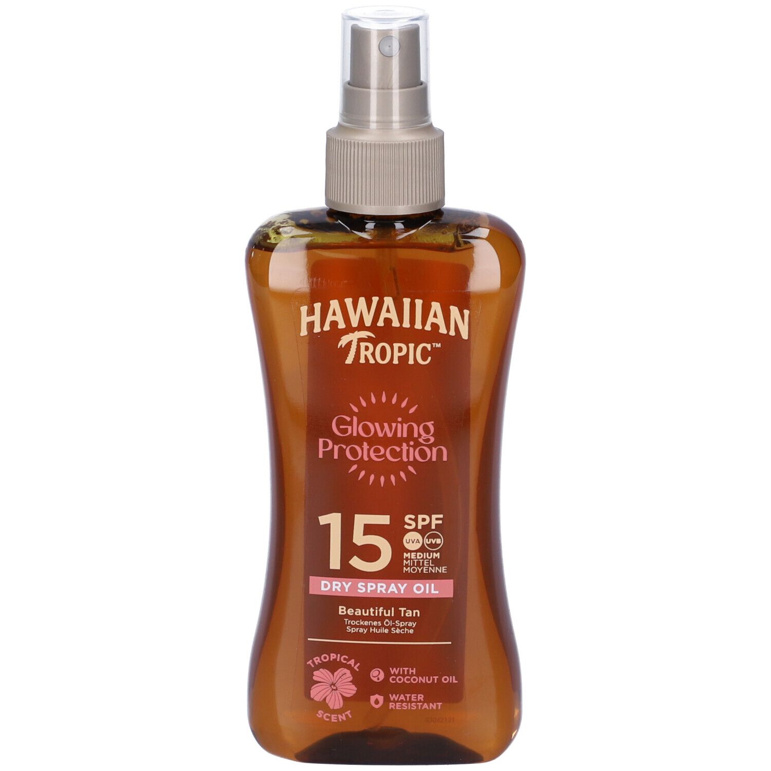 Braune Sprühflasche mit Hawaiian Tropic-Logo und SPF 15. Enthält Trockenöl. Tropisches Aroma. Wasserfest.