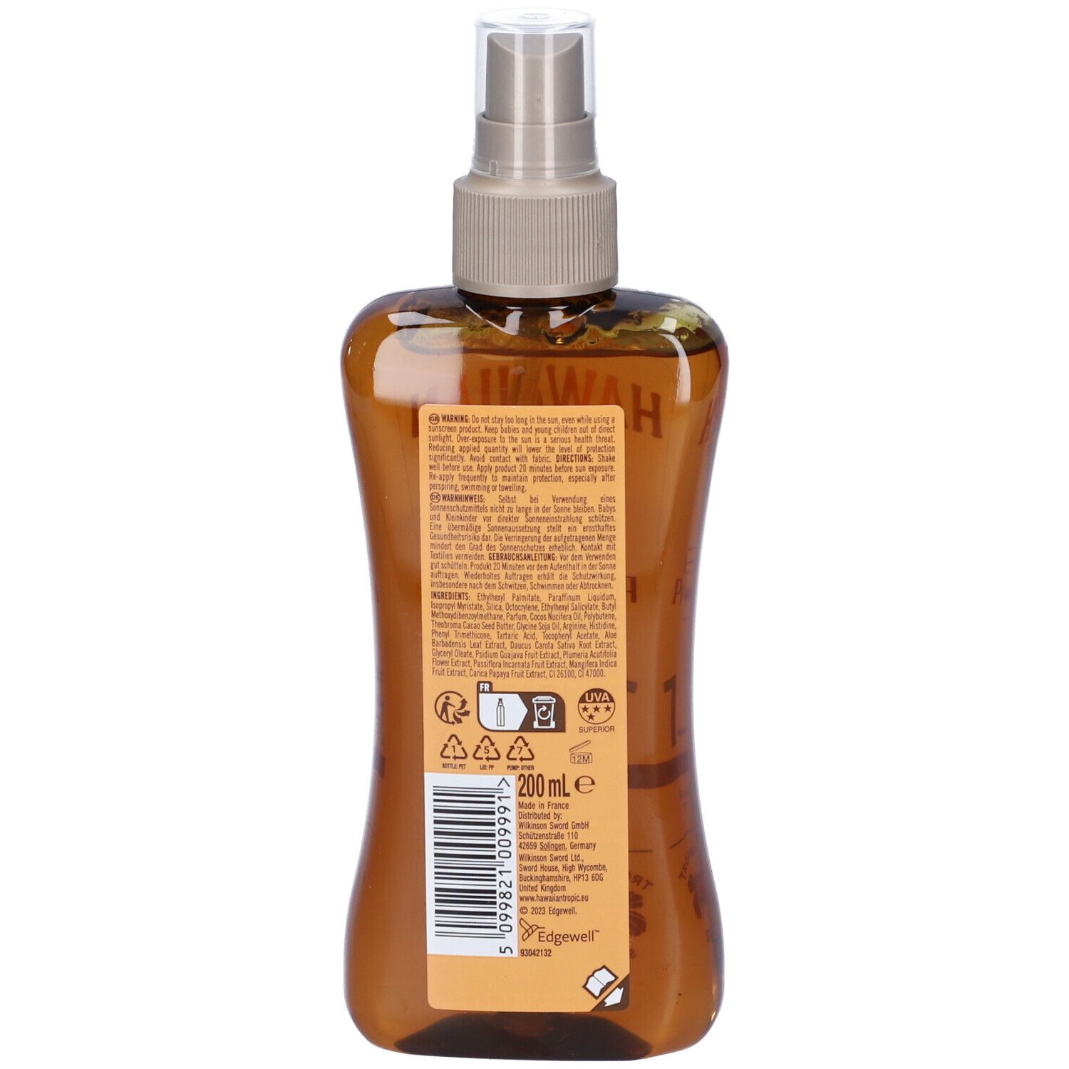 Rückseite einer braunen Sprühflasche. Enthält Textinformationen und Barcode. 200 ml. Mit Recycling-Symbolen.