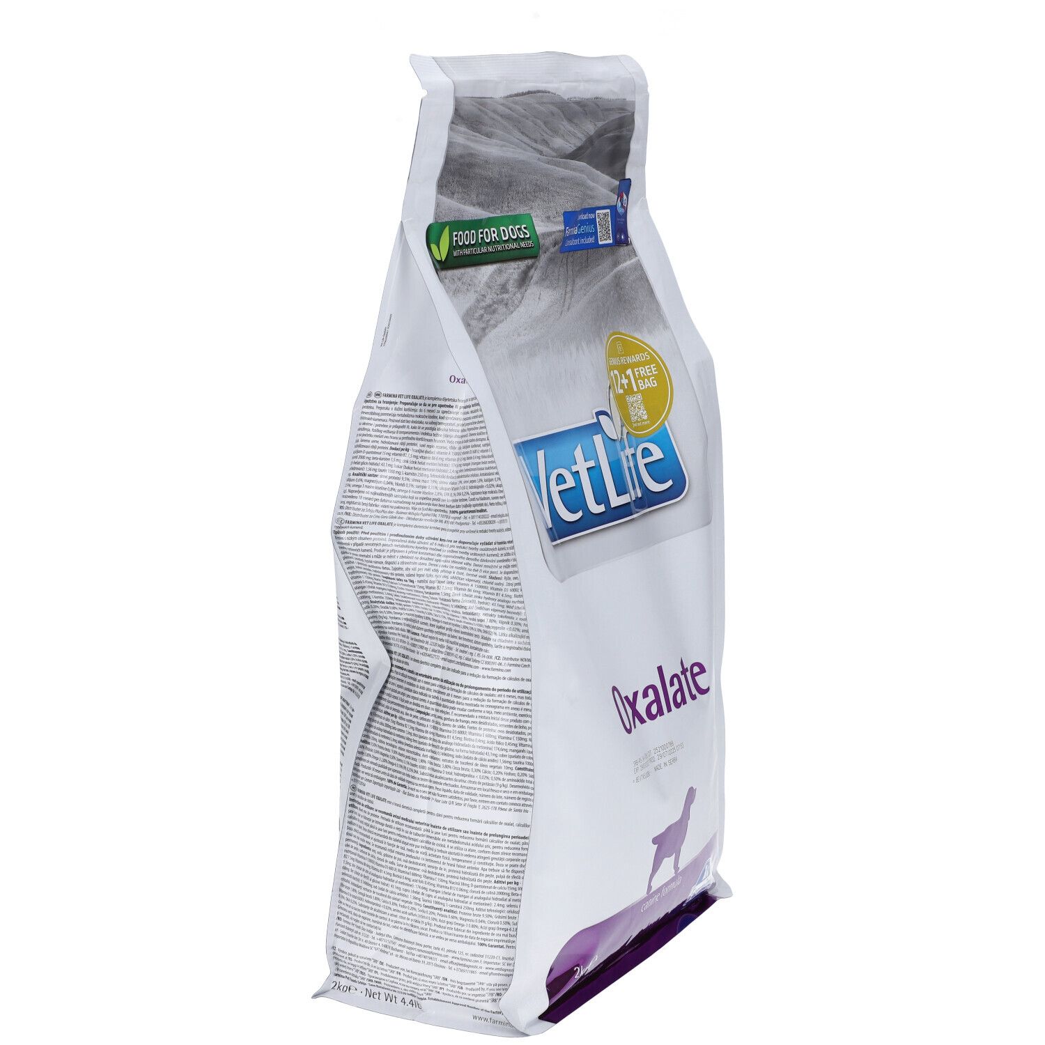 Weißer Beutel, seitliche Ansicht. Aufdrucke: VetLife, Oxalate. Logos und Text. Teilweise transparent.