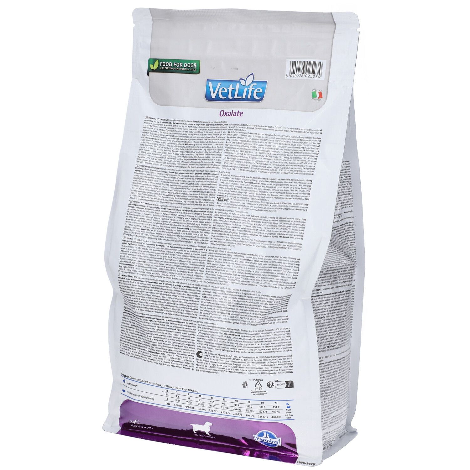 Weißer Beutel, Rückseite. Text und Logos. Aufdrucke: VetLife, Oxalate. QR-Code und Barcode.