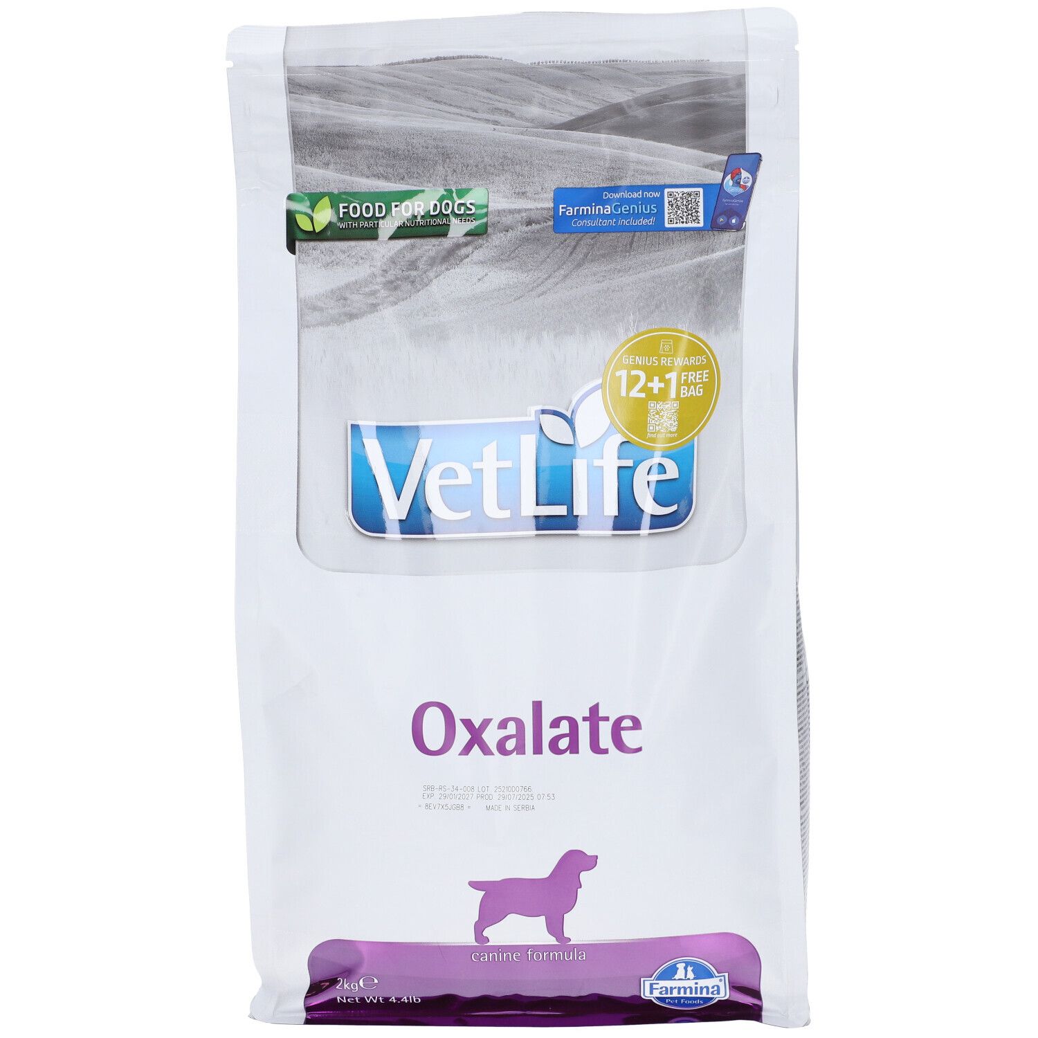 Weißer Beutel mit transparentem Fenster. Aufdrucke: VetLife, Oxalate, Hundesilhouette. Logos und QR-Code.