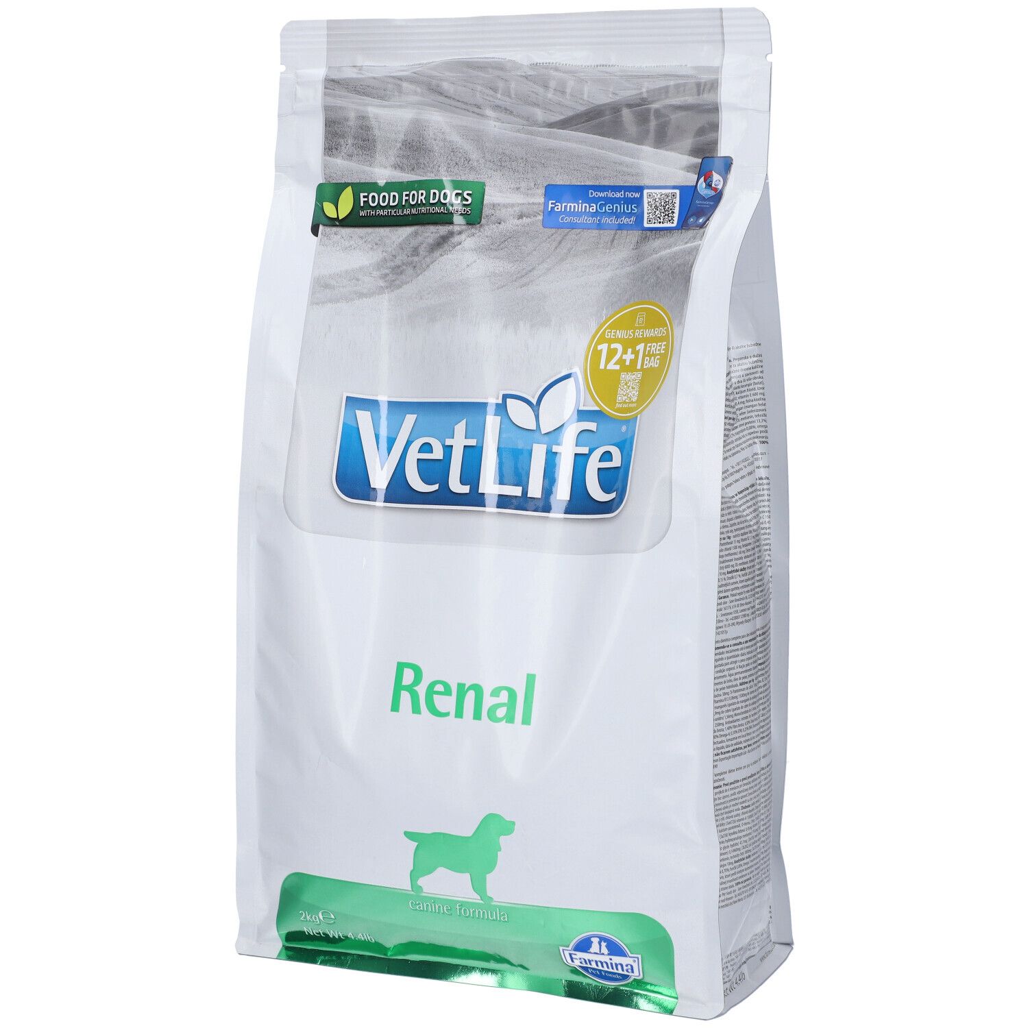 Beutel mit Trockenfutter für Hunde. Aufschrift VetLife Renal. Grün-weiße Verpackung mit Logo und Produktbezeichnung.