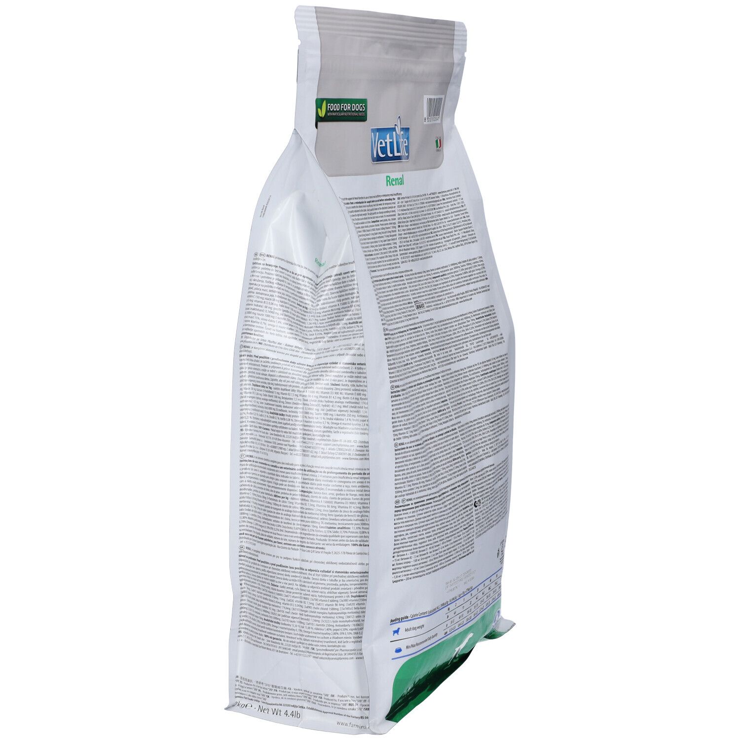 Schrägansicht des Trockenfutterbeutels. Aufschrift VetLife Renal. Grün-weiße Verpackung mit Logo und Produktbezeichnung.