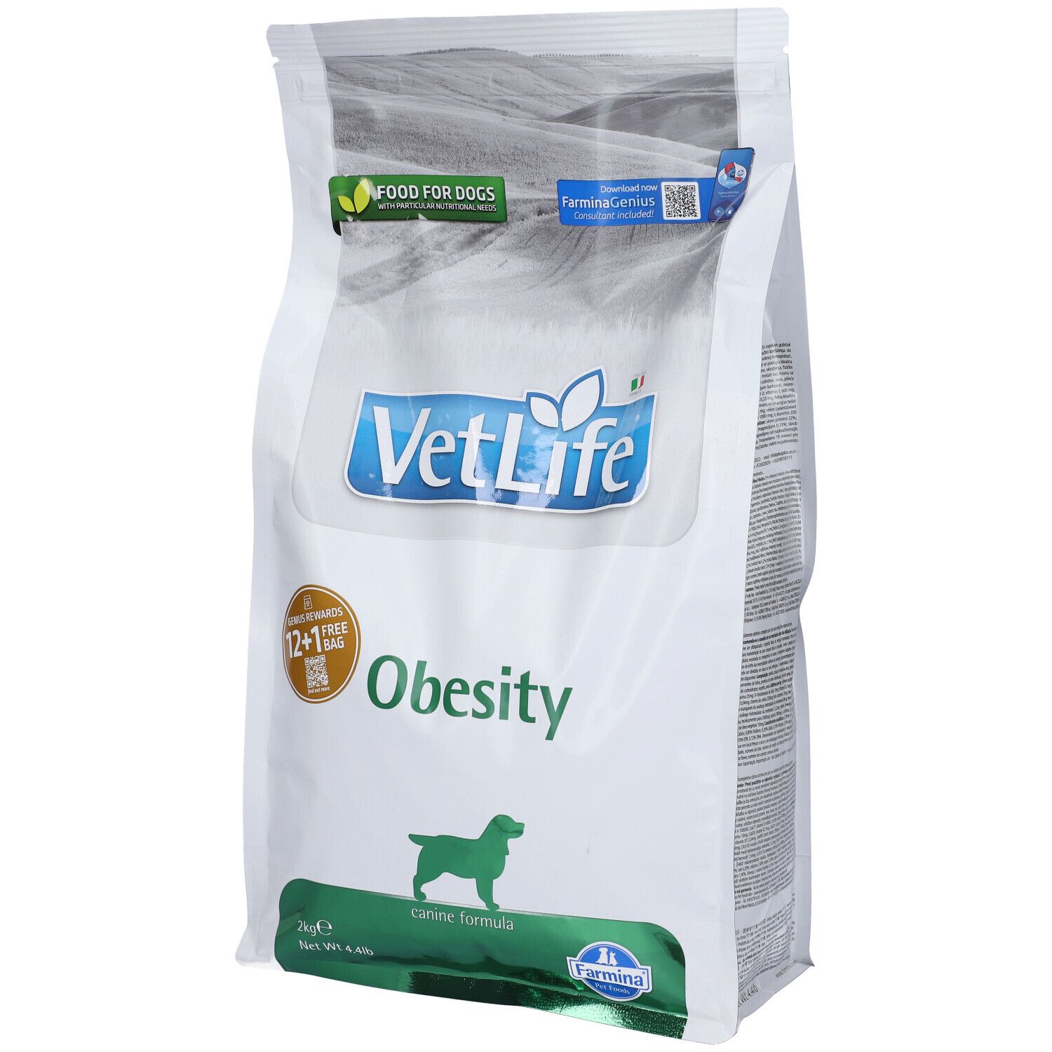 Beutel Trockenfutter Hund. Aufschrift VetLife Obesity, Food for Dogs. Grün-weiß Verpackung. Farmina Logo.