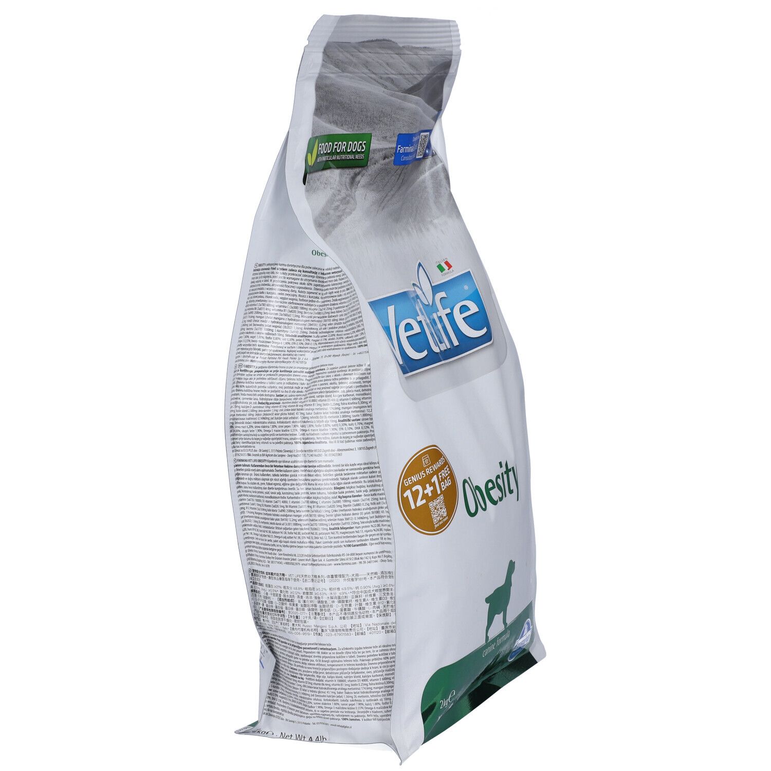 Seitenansicht des Trockenfutterbeutels. Aufschrift VetLife Obesity. Grün-weiß Verpackung. Text auf der Rückseite.