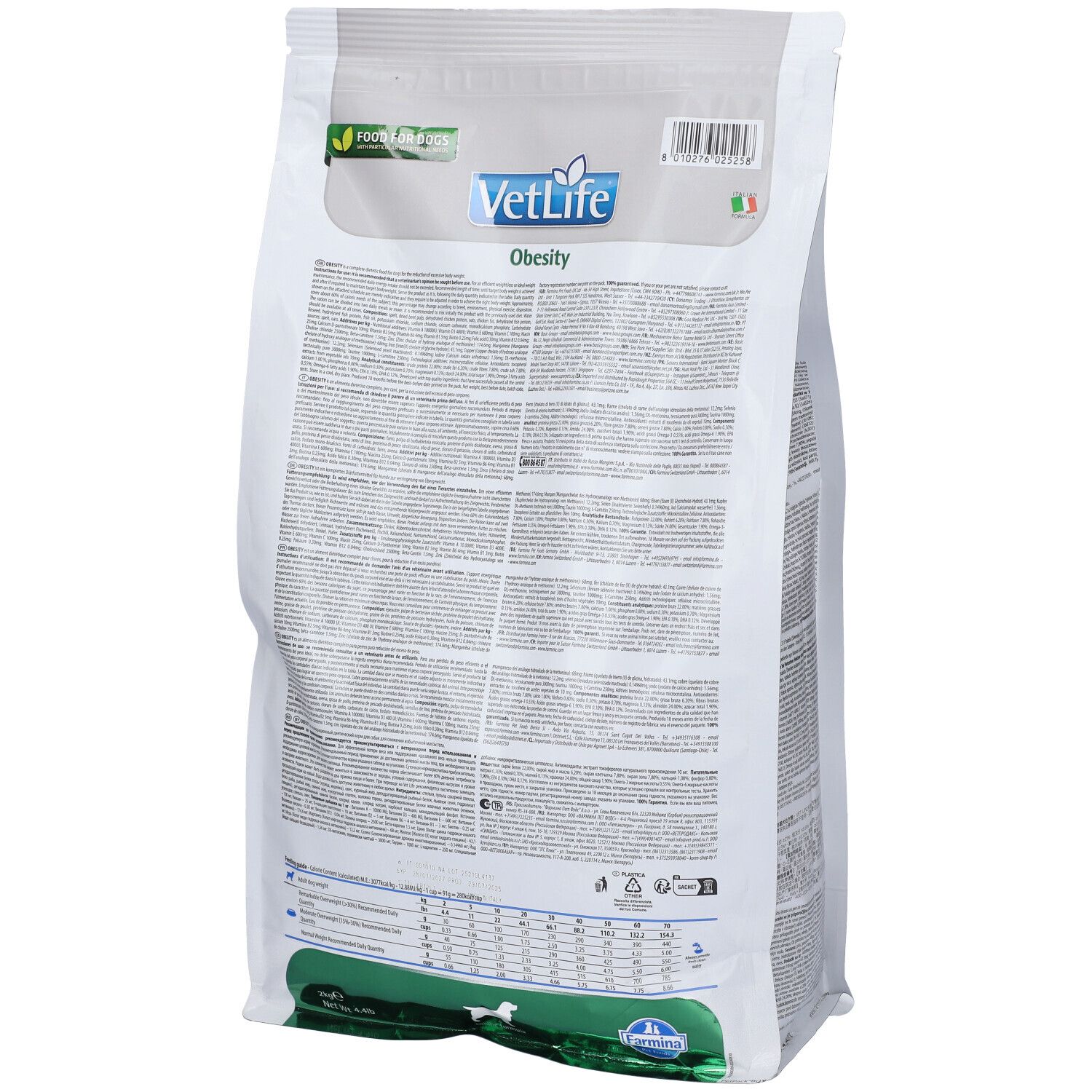 Rückseite des Trockenfutterbeutels. Aufschrift VetLife Obesity. Grün-weiß Verpackung. Text und Tabellen.