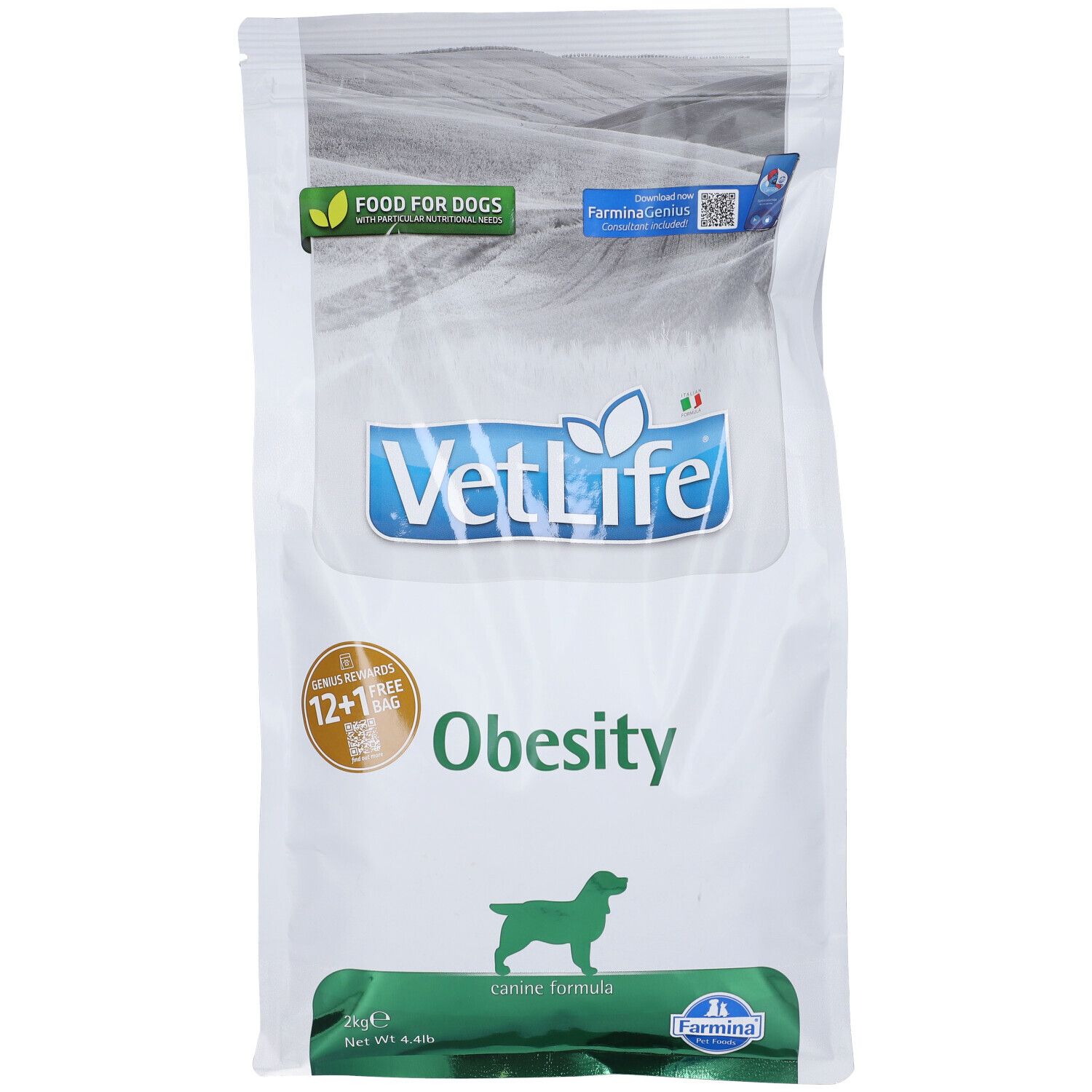Trockenfutterbeutel. Aufschrift VetLife Obesity, Food for Dogs. Grün-weiß Verpackung. Farmina Logo.
