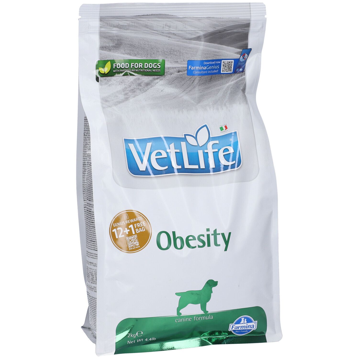 Trockenfutterbeutel. Aufschrift VetLife Obesity, Food for Dogs. Grün-weiß Verpackung. Farmina Logo.