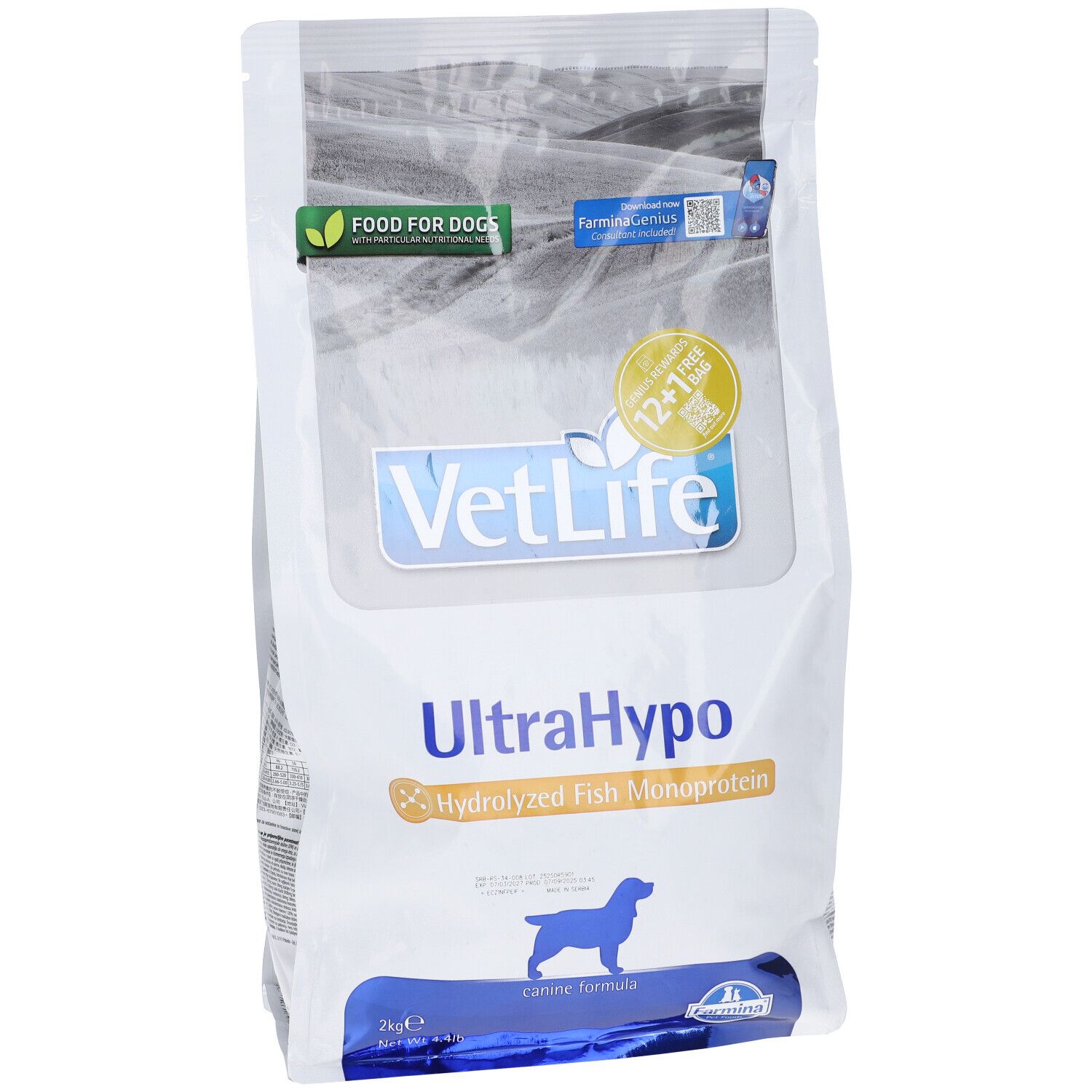 Weißer Beutel mit blauer und grüner Schrift. Aufschrift: VetLife UltraHypo, hydrolysiertes Fisch Monoprotein. Abbildung eines Hundes.