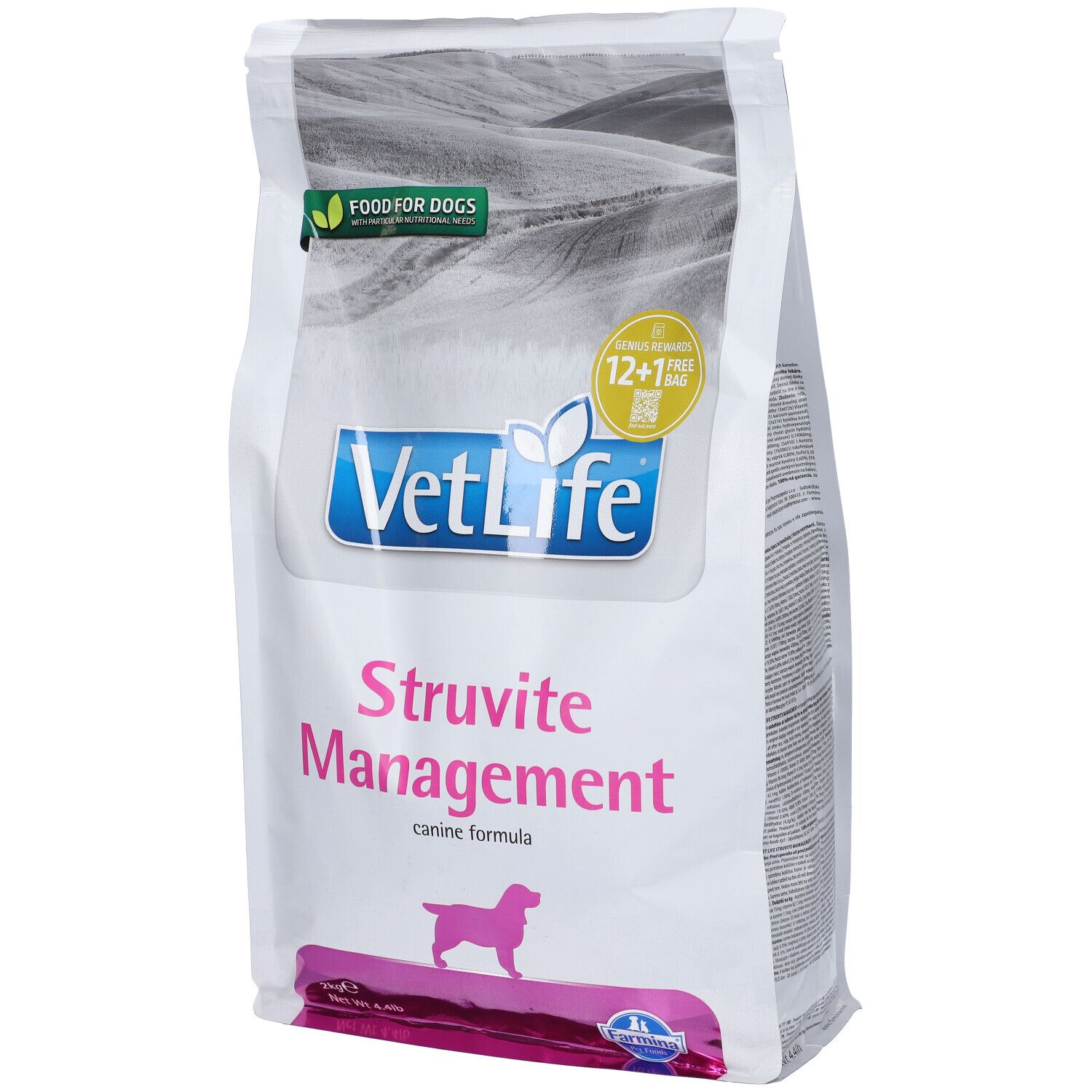 Weißer Beutel mit Aufdruck. VetLife-Logo, Struvite Management, Hunde-Silhouette. Grün-gelbes Logo: Food for Dogs, 12+1 gratis.