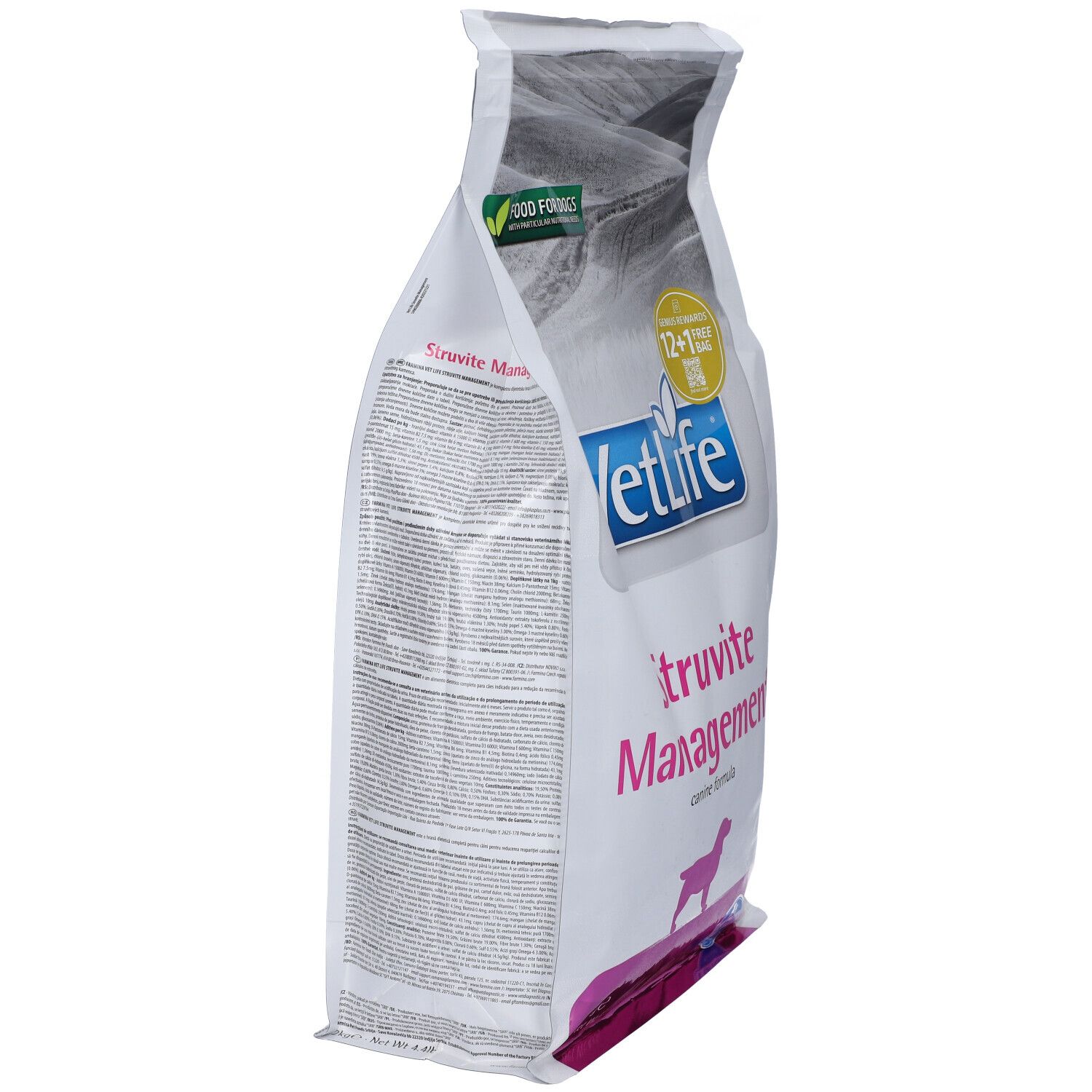 Weißer Beutel, seitliche Ansicht. VetLife-Logo, Struvite Management. Text und Logos auf der Rückseite. Grün-gelbes Logo: Food for Dogs.