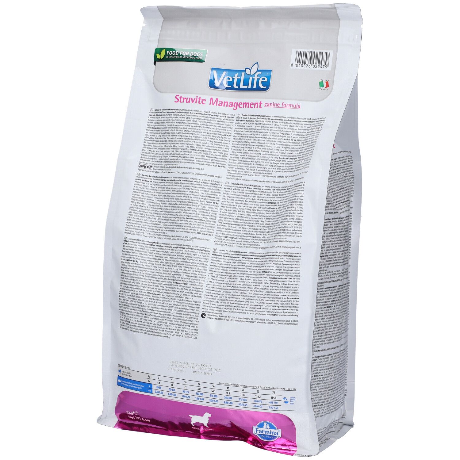 Rückseite eines weißen Beutels. Text in mehreren Sprachen. VetLife-Logo, Struvite Management. Grün-gelbes Logo: Food for Dogs.