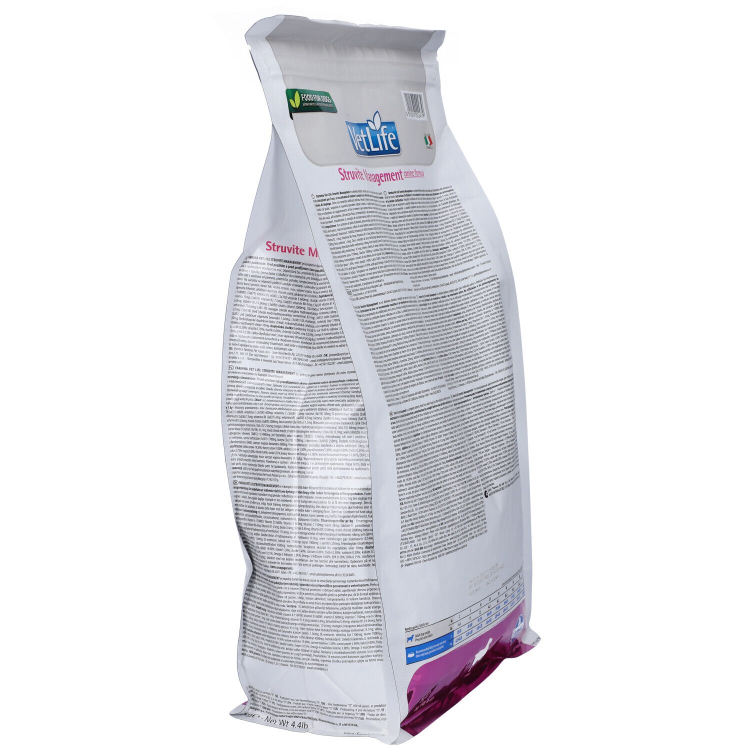 Weißer Beutel, seitliche Ansicht. VetLife-Logo, Struvite Management. Text und Logos auf der Rückseite. Grün-gelbes Logo: Food for Dogs.