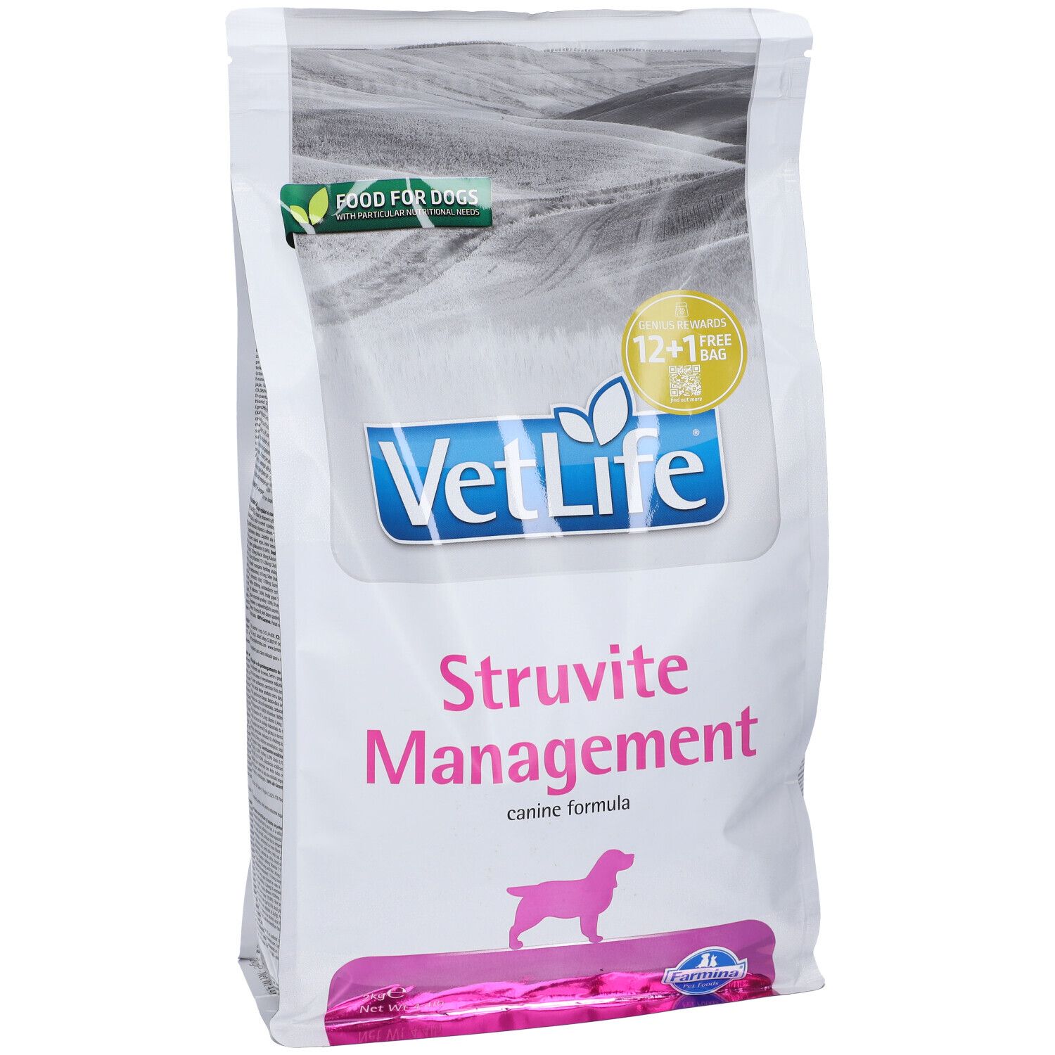 Weißer Beutel mit Aufdruck. VetLife-Logo, Struvite Management, Hunde-Silhouette. Grün-gelbes Logo: Food for Dogs, 12+1 gratis.