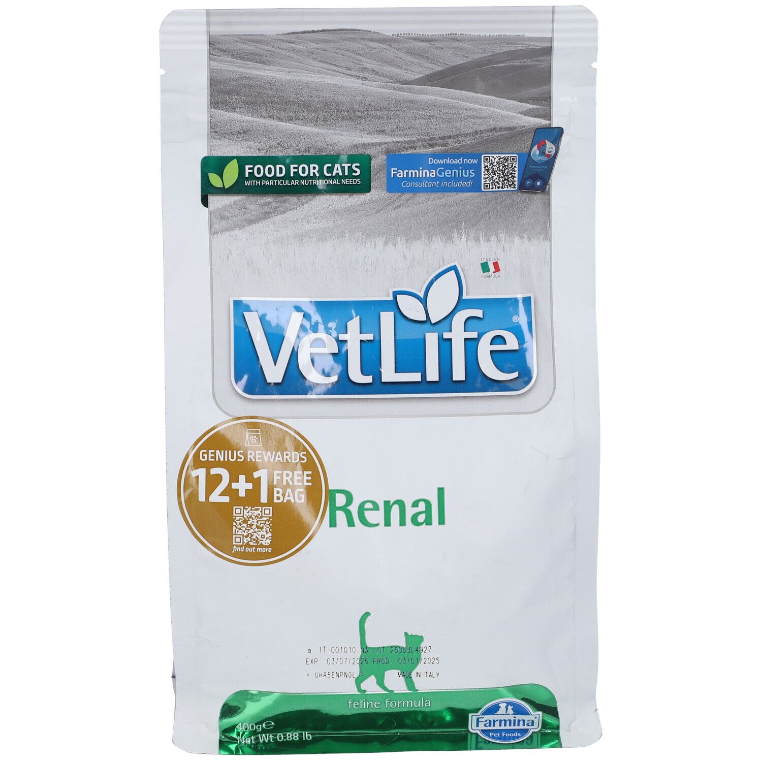Beutel Trockenfutter Farmina VetLife Renal für Katzen. Hauptansicht mit Logo und Text. Weiß und grün. Hintergrund mit Landschaft.