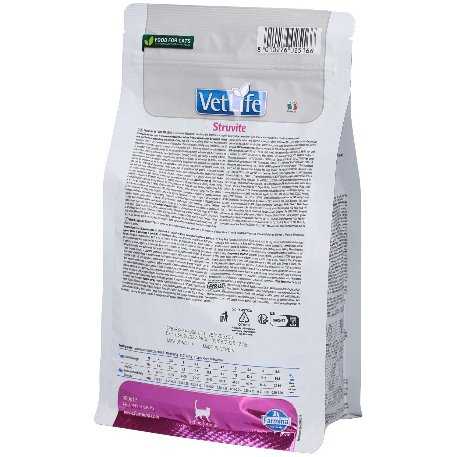 Rückseite des weißen VetLife-Beutels. Text und Informationen. Logo und QR-Code.