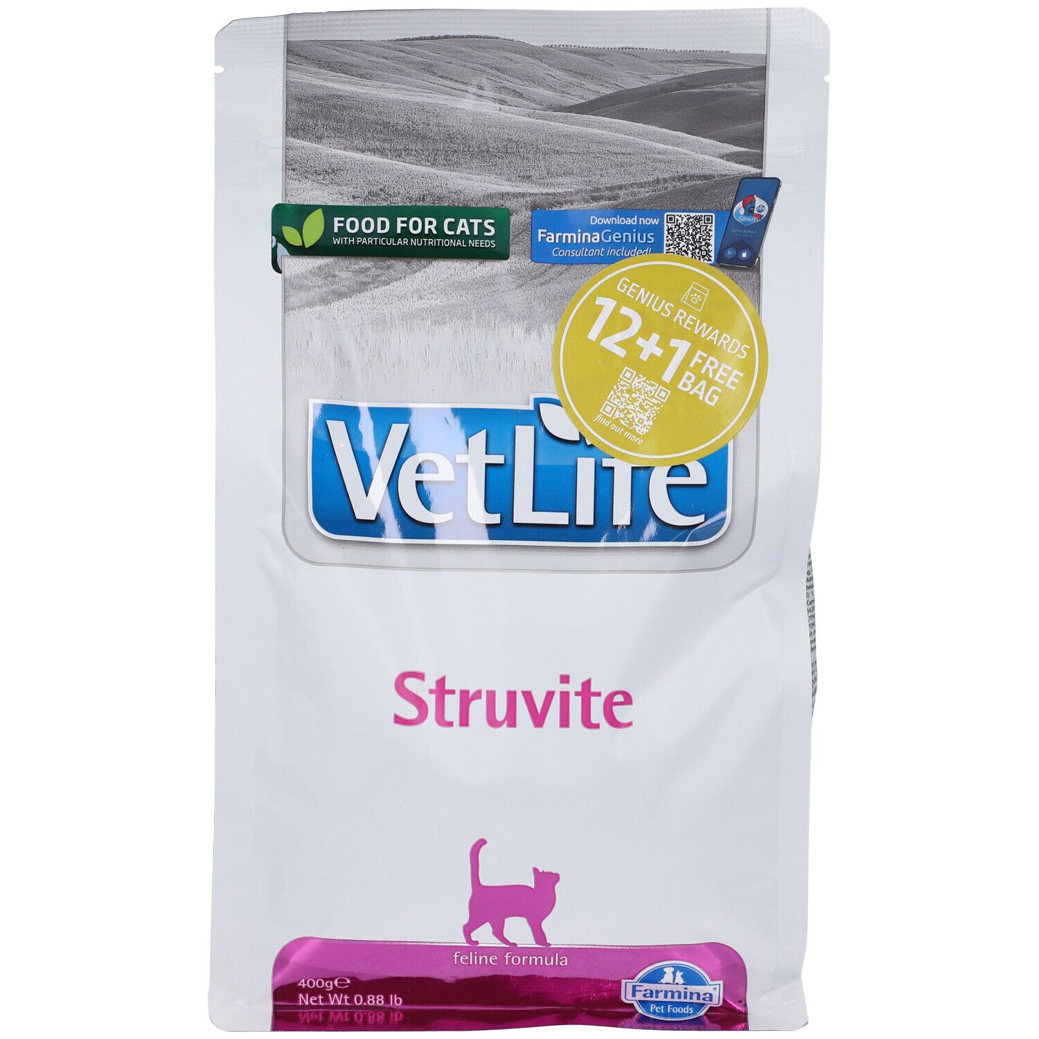 Weißer Beutel mit VetLife-Logo und Struvite-Schriftzug. Pinkfarbener Streifen mit Katzen-Silhouette. 12+1 Gratis-Aktion.
