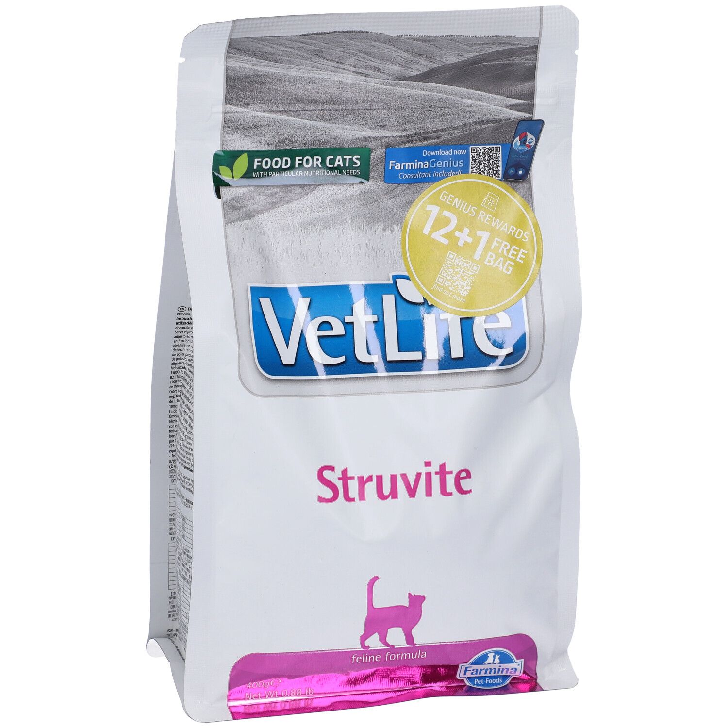 Weißer Beutel mit VetLife-Logo und Struvite-Schriftzug. Pinkfarbener Streifen mit Katzen-Silhouette. 12+1 Gratis-Aktion.