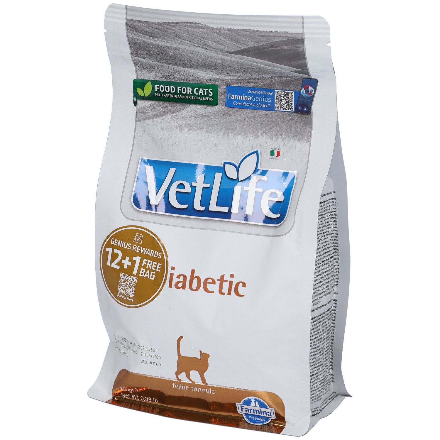 Beutel Trockenfutter Farmina VetLife Diabetic. Aufschrift VetLife, Diabetic, 12+1 gratis. Katze-Silhouette. Grün-weiß Verpackung.