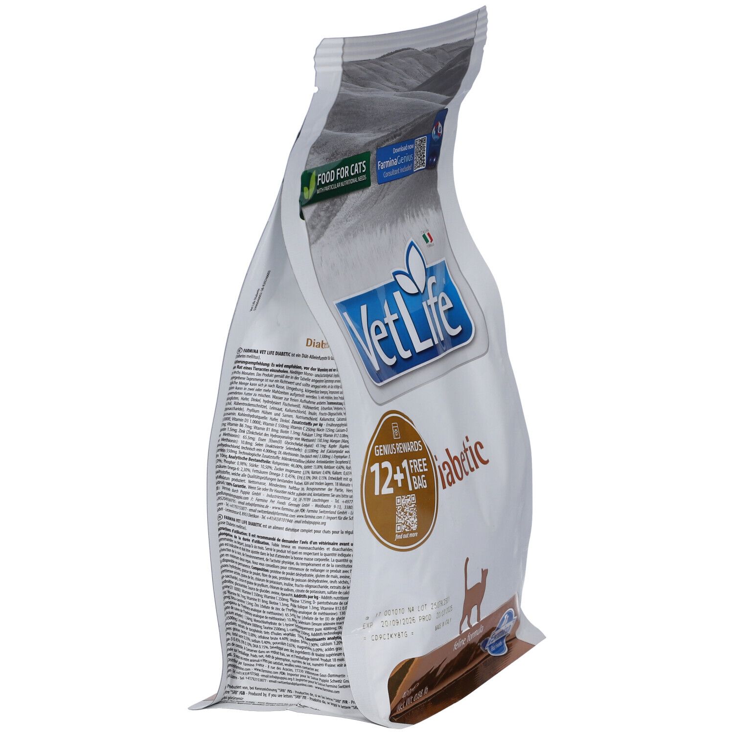 Seitenansicht des Trockenfutterbeutels Farmina VetLife Diabetic. Text und Logo VetLife. Grün-weiß Verpackung. Text auf der Seite.