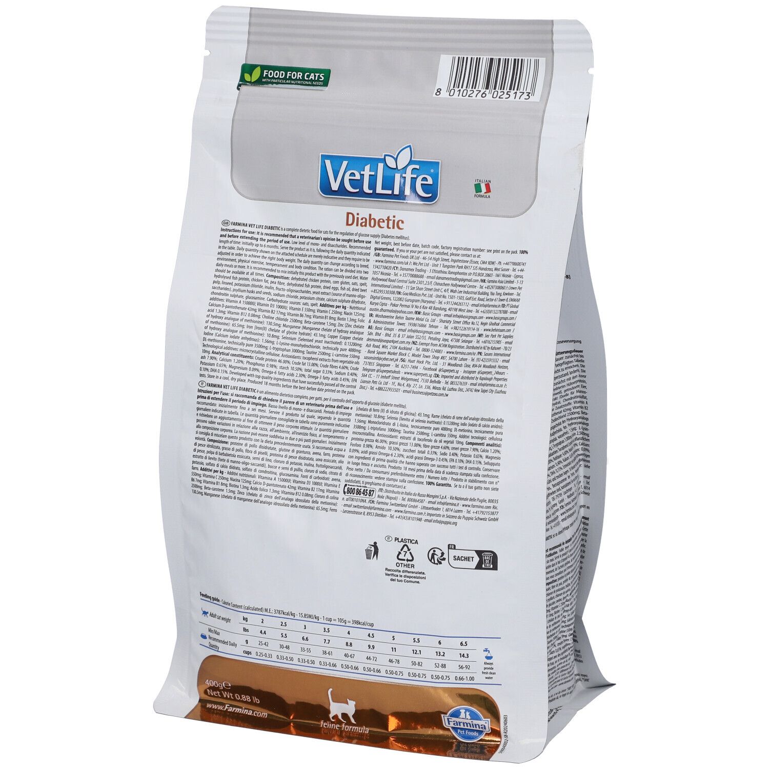 Rückseite des Trockenfutterbeutels Farmina VetLife Diabetic. Text, Logo VetLife. Grün-weiß Verpackung. Barcode und Informationen.