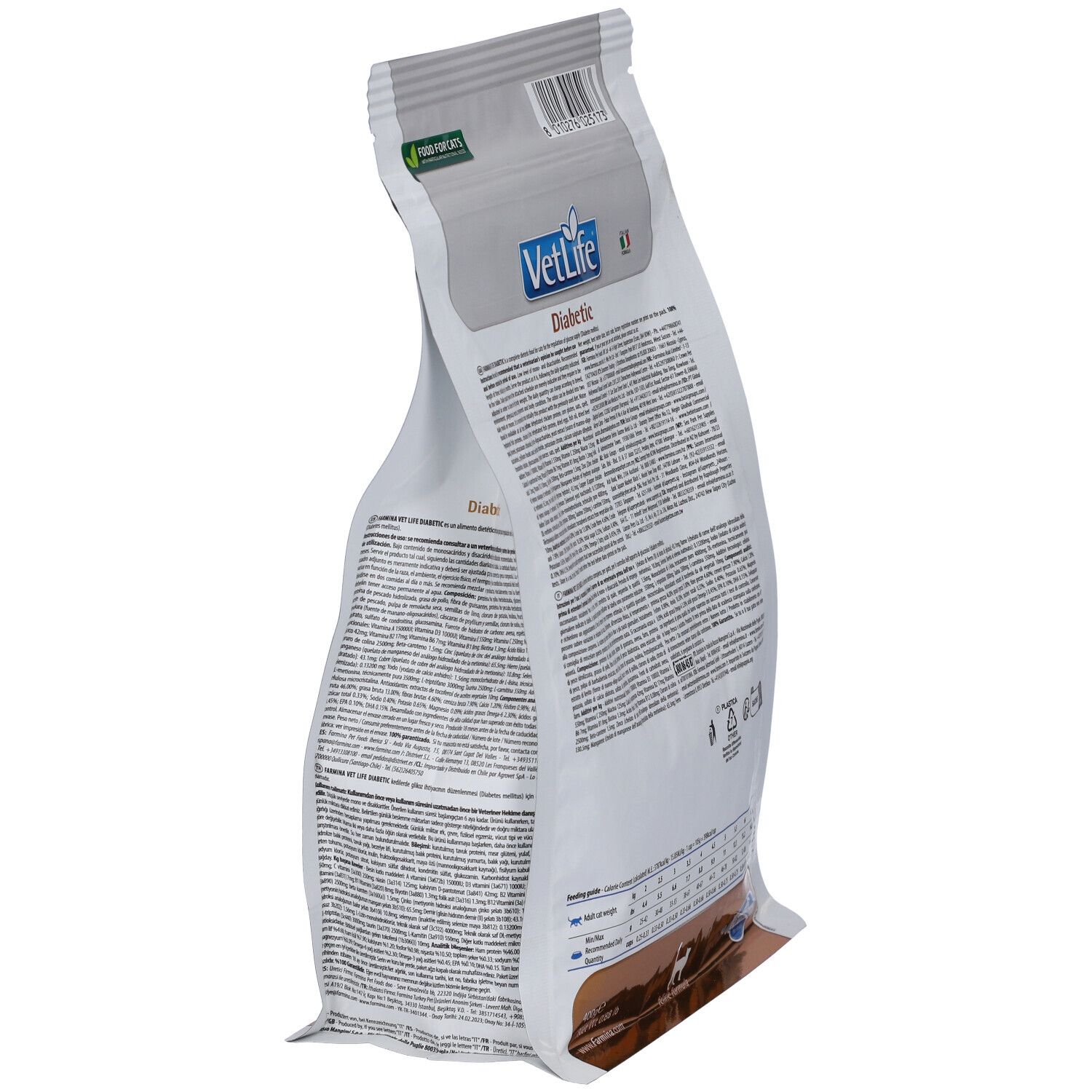 Seitenansicht des Trockenfutterbeutels Farmina VetLife Diabetic. Text und Logo VetLife. Grün-weiß Verpackung. Text auf der Seite.