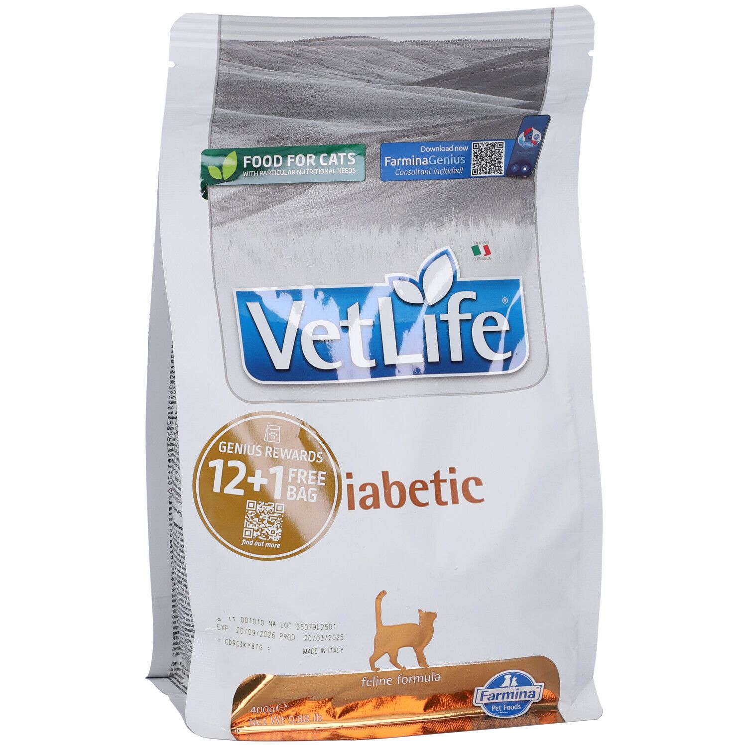Trockenfutterbeutel Farmina VetLife Diabetic. Aufschrift VetLife, Diabetic, 12+1 gratis. Katze-Silhouette. Grün-weiß Verpackung.