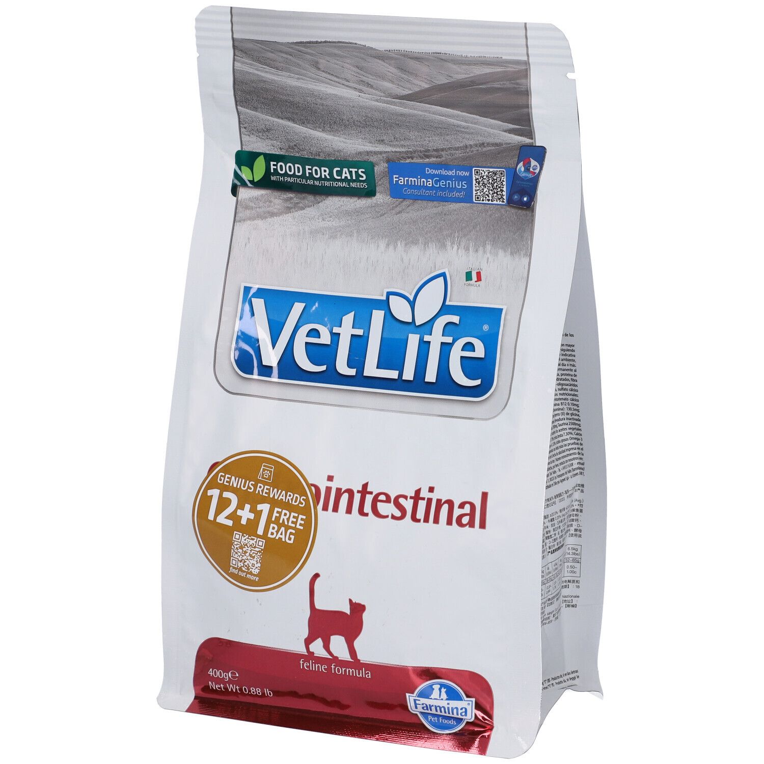 Beutel Trockenfutter. Aufschrift VetLife Gastrointestinal. Logo Farmina. Feline Formula. 12+1 Gratis.